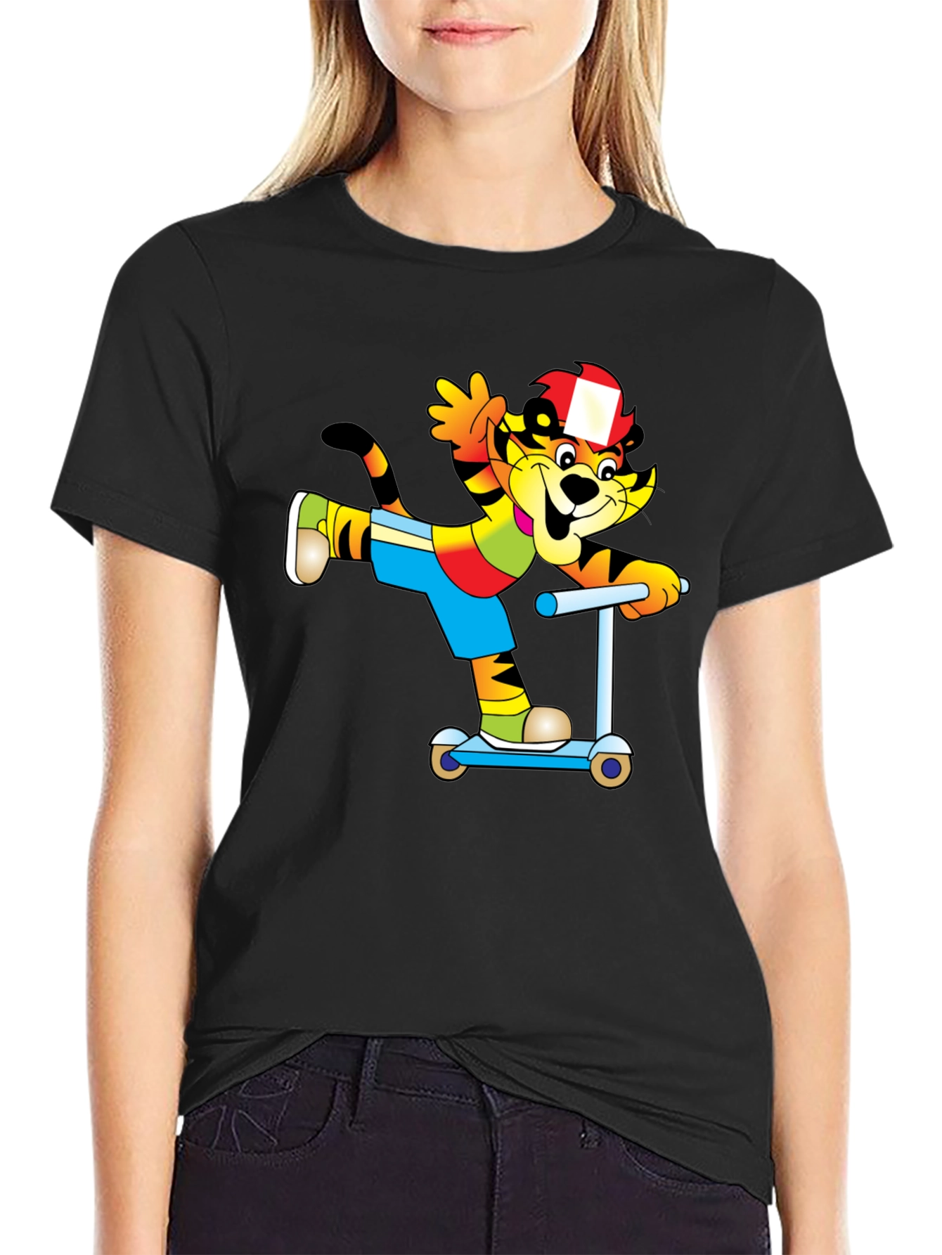 Cartoon Cat on Scooter T-Shirt - Black