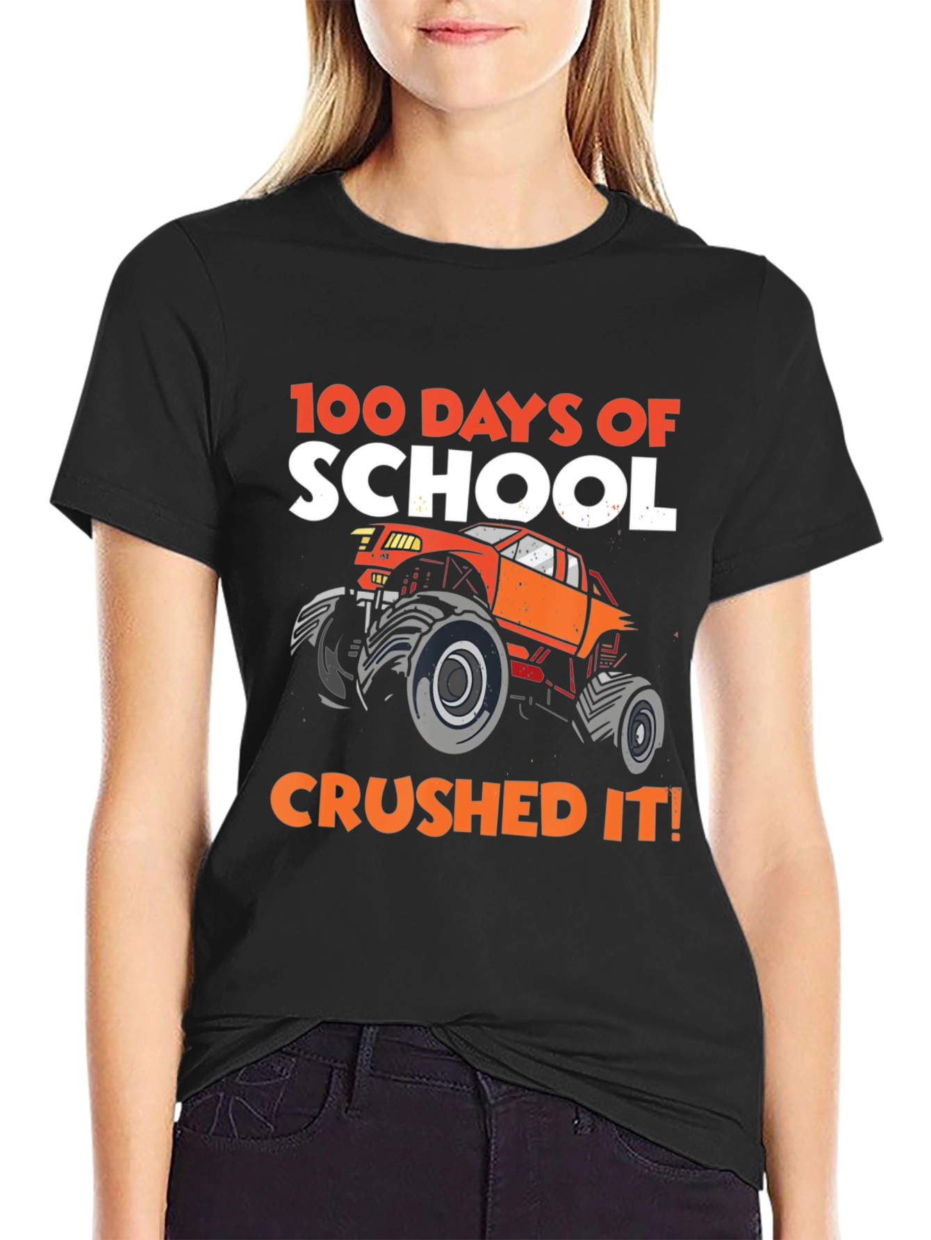 100 Days of School Crushed It! Monster Truck Black T-Shirt