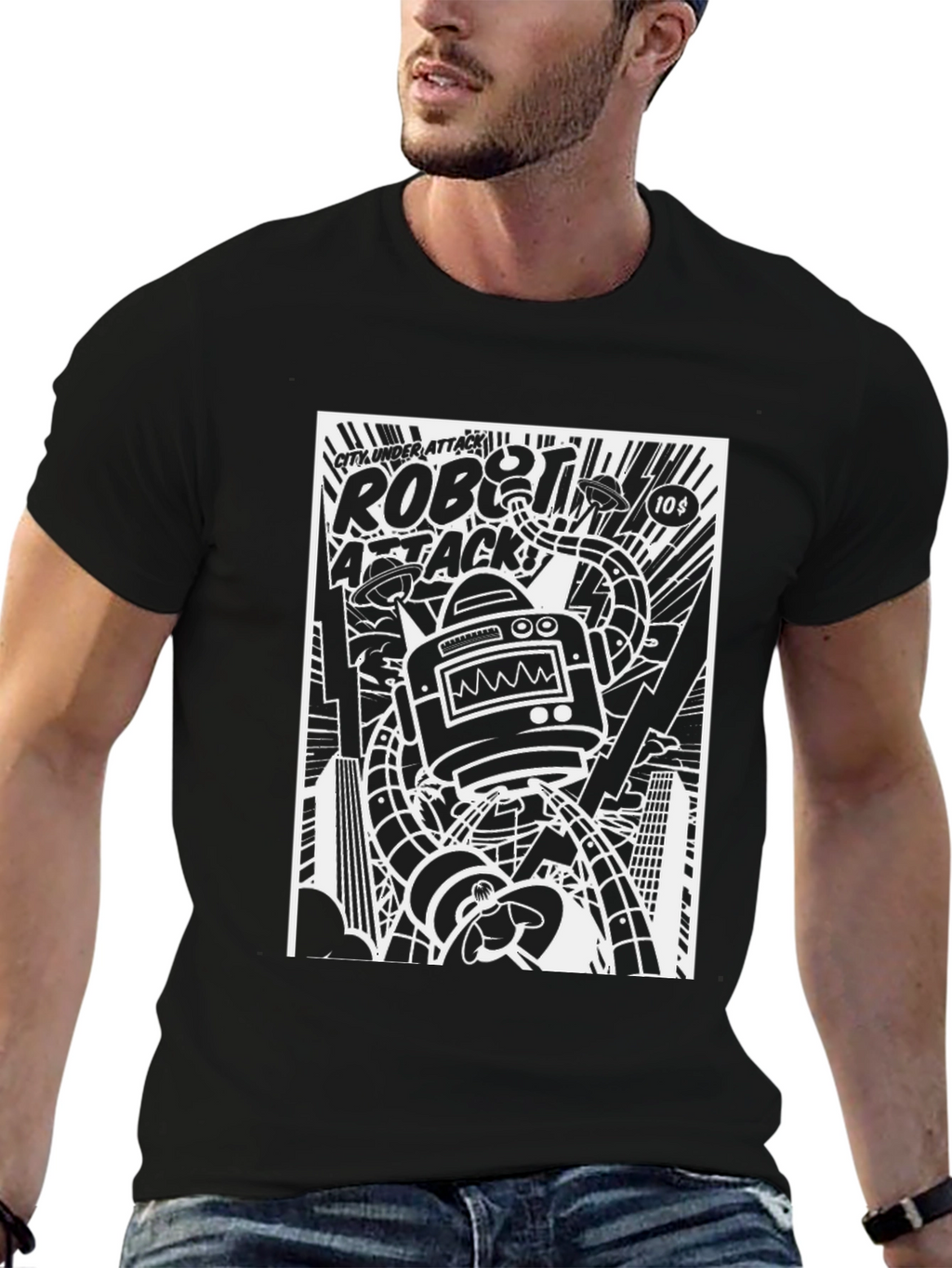 Robot Attack Graphic Print Black T-Shirt