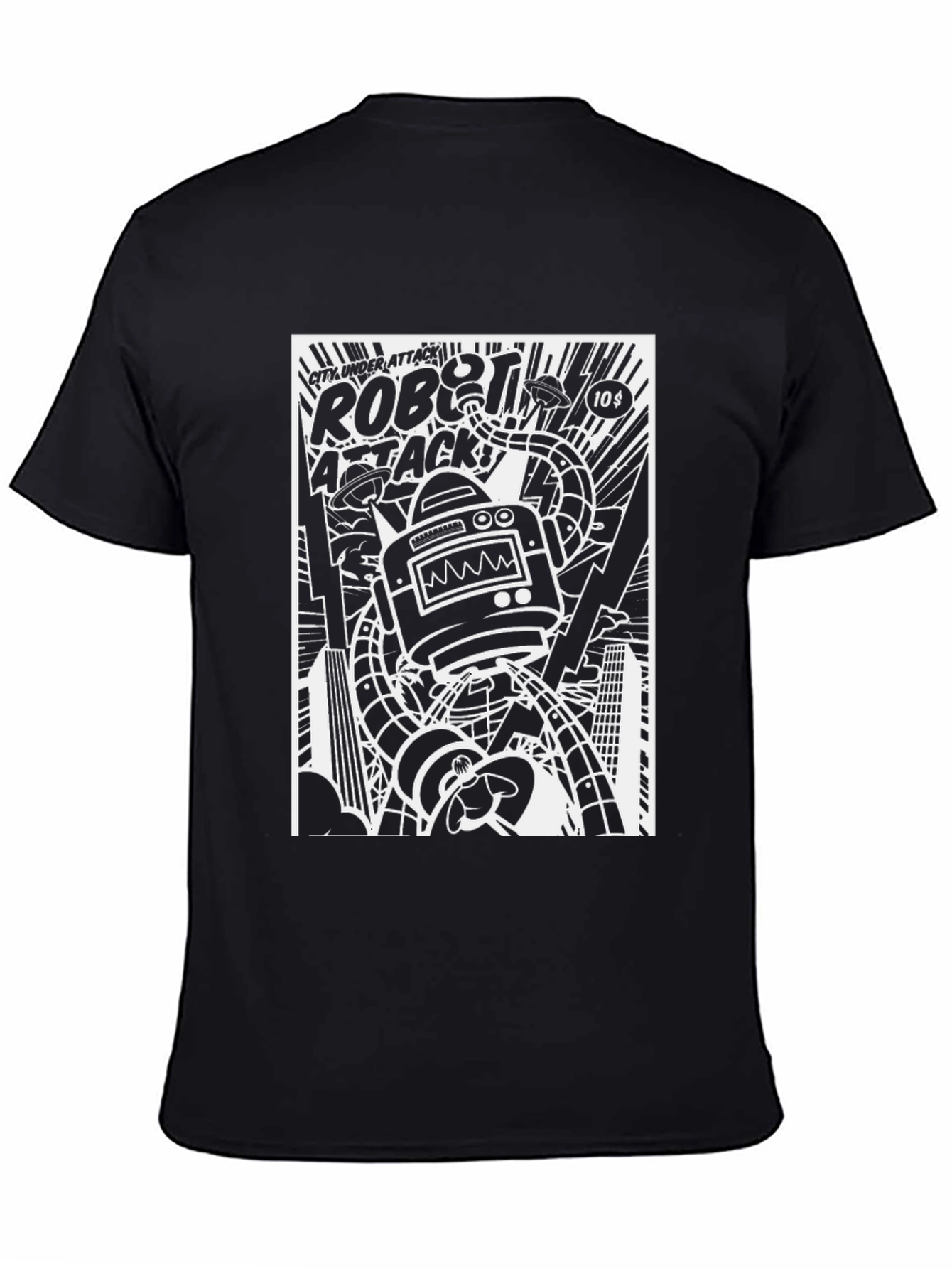 Robot Attack Graphic Print Black T-Shirt