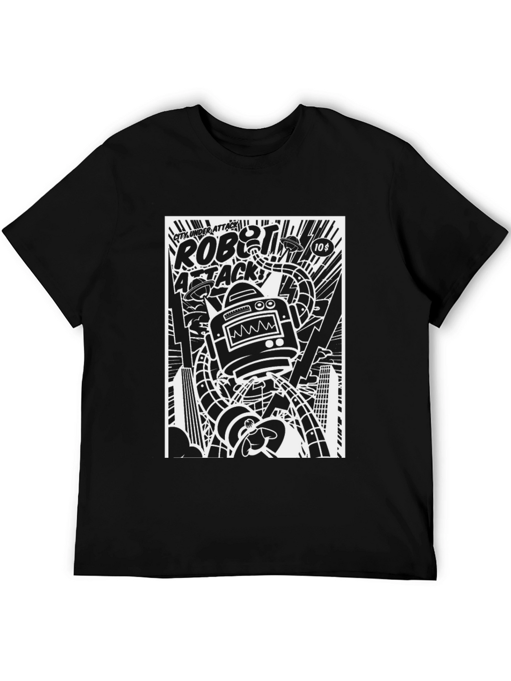 Robot Attack Graphic Print Black T-Shirt