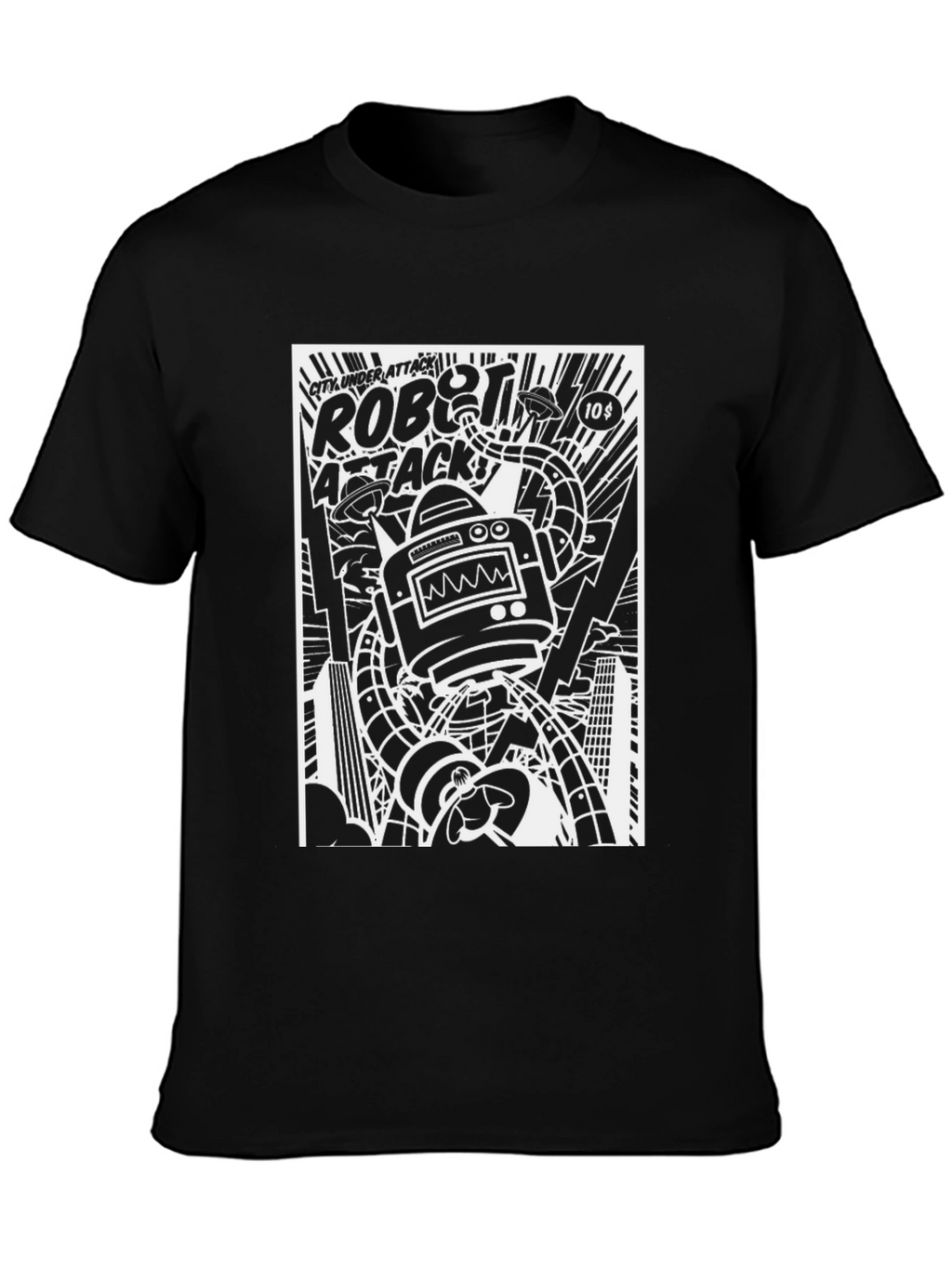 Robot Attack Graphic Print Black T-Shirt