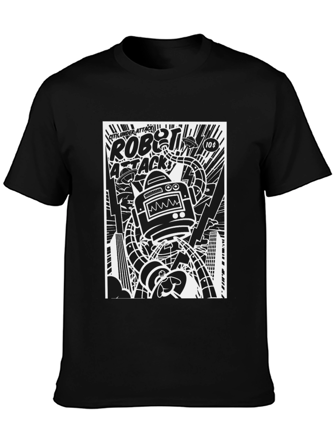 Robot Attack Graphic Print Black T-Shirt