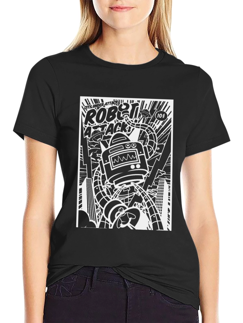 Robot Attack Graphic Print Black T-Shirt