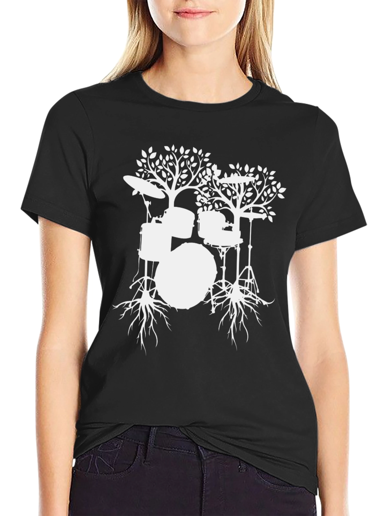 Drum Tree Graphic Tee - Black Cotton T-Shirt
