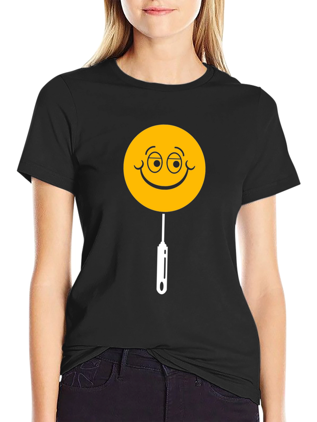 Whimsical Smiley Face Lollipop Graphic Tee - Black