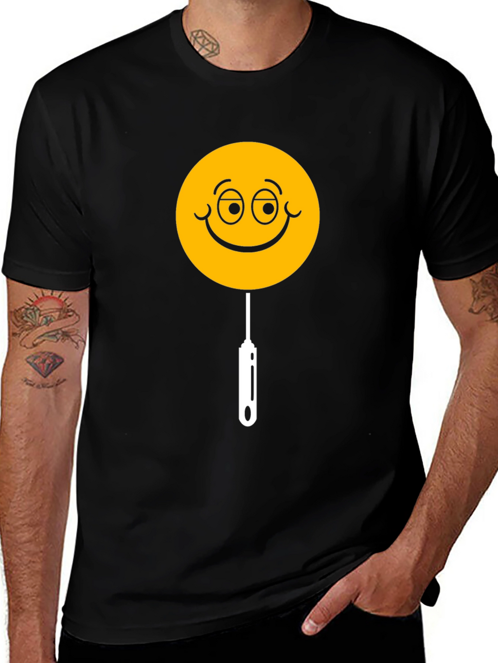 Whimsical Smiley Face Lollipop Graphic Tee - Black