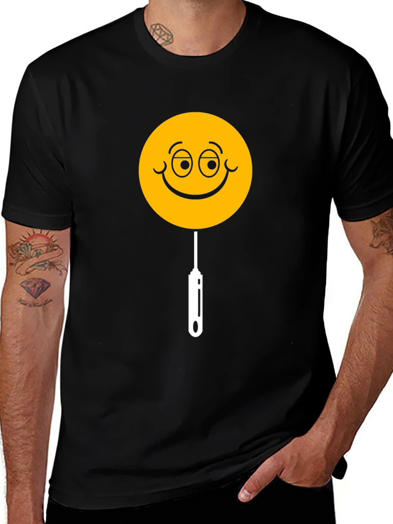 Whimsical Smiley Face Lollipop Graphic Tee - Black