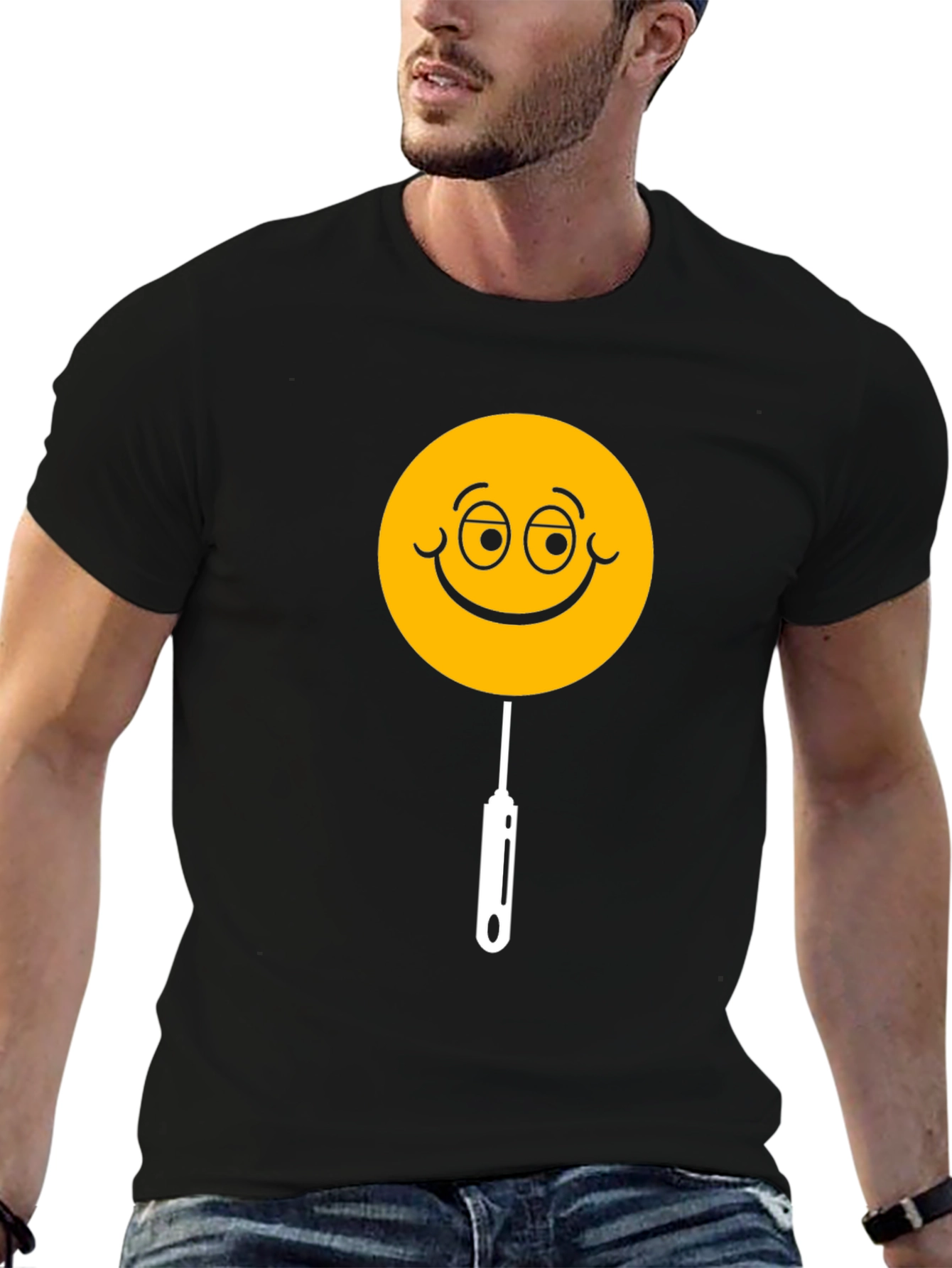 Whimsical Smiley Face Lollipop Graphic Tee - Black