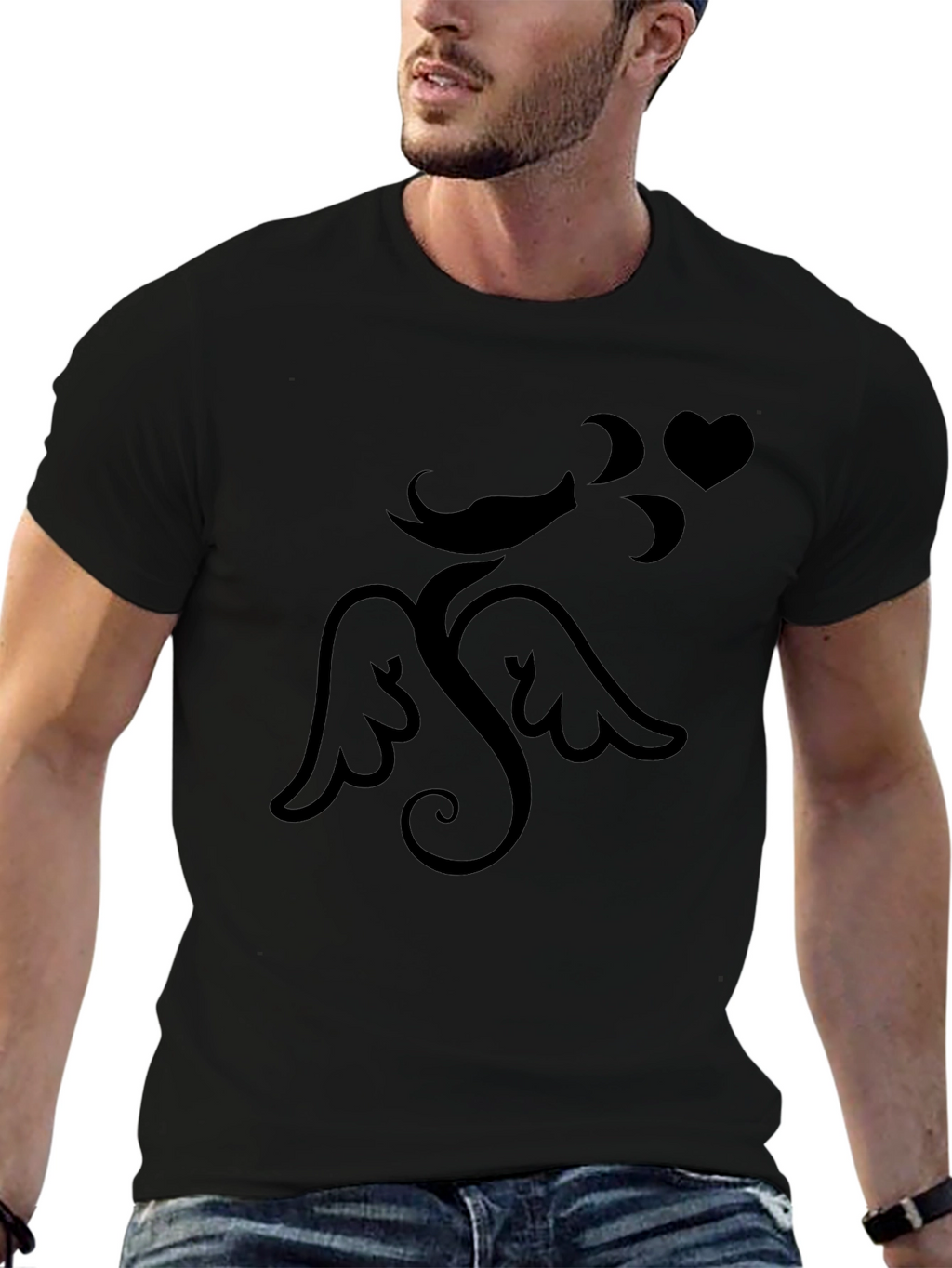 Mens Black Graphic Tee - Cupid Love Heart