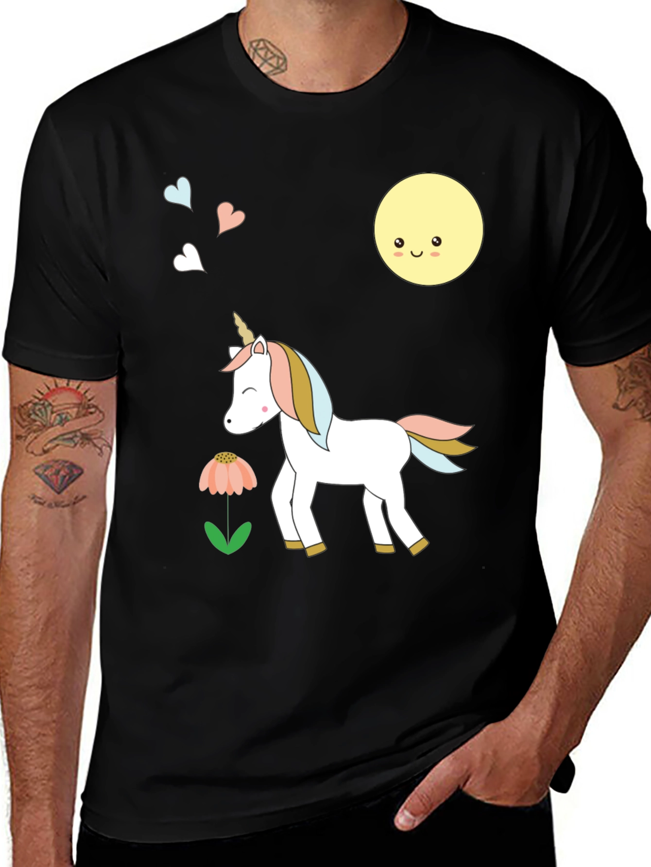 Cute Unicorn & Moon Graphic Black T-Shirt