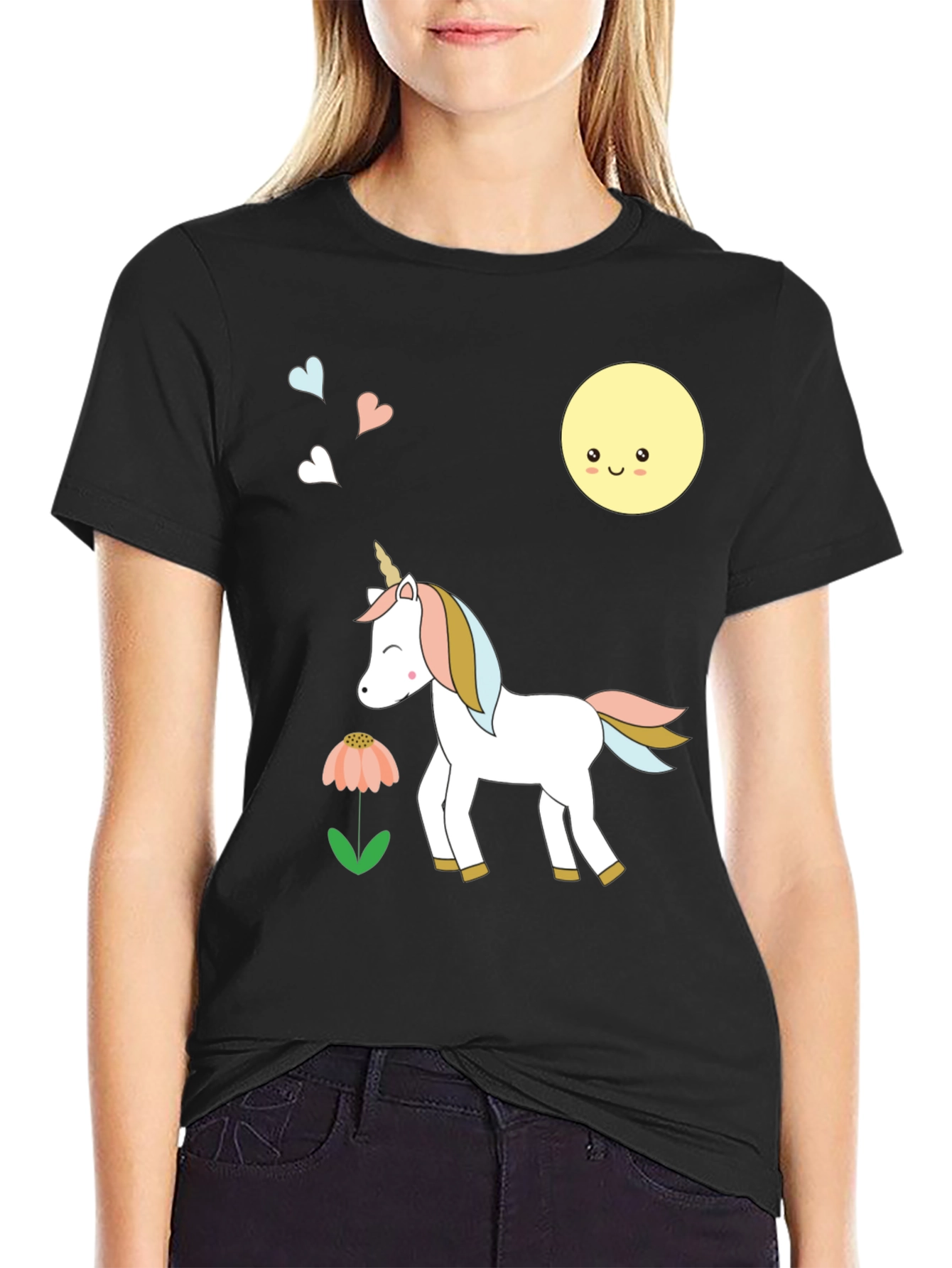 Cute Unicorn & Moon Graphic Black T-Shirt