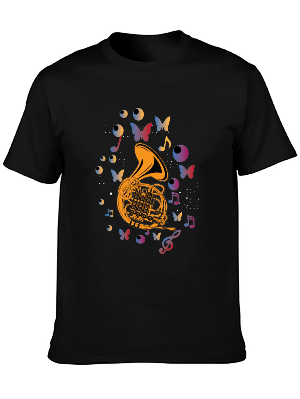 Musical French Horn T-Shirt - Artistic Butterfly Design