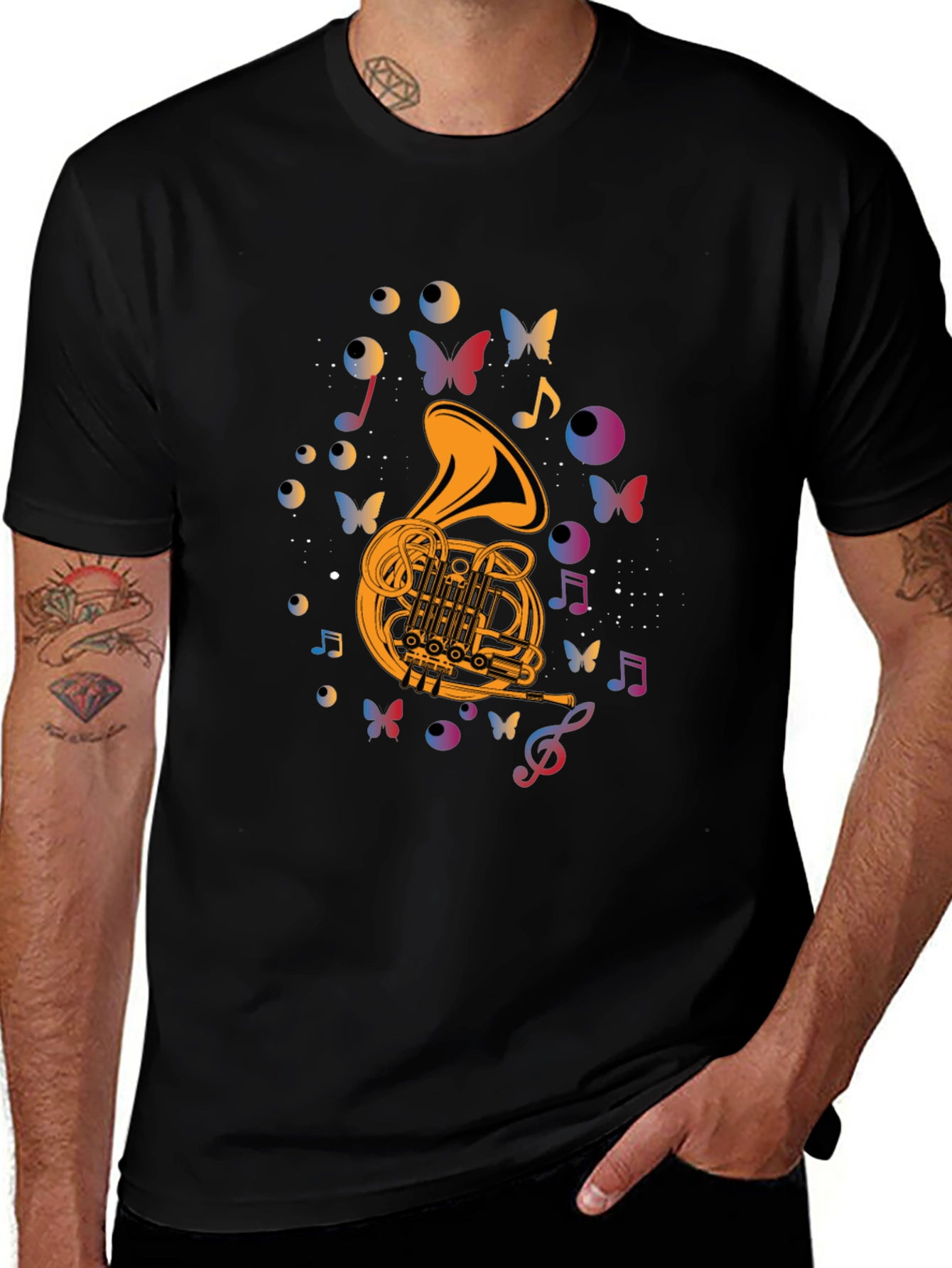 Musical French Horn T-Shirt - Artistic Butterfly Design