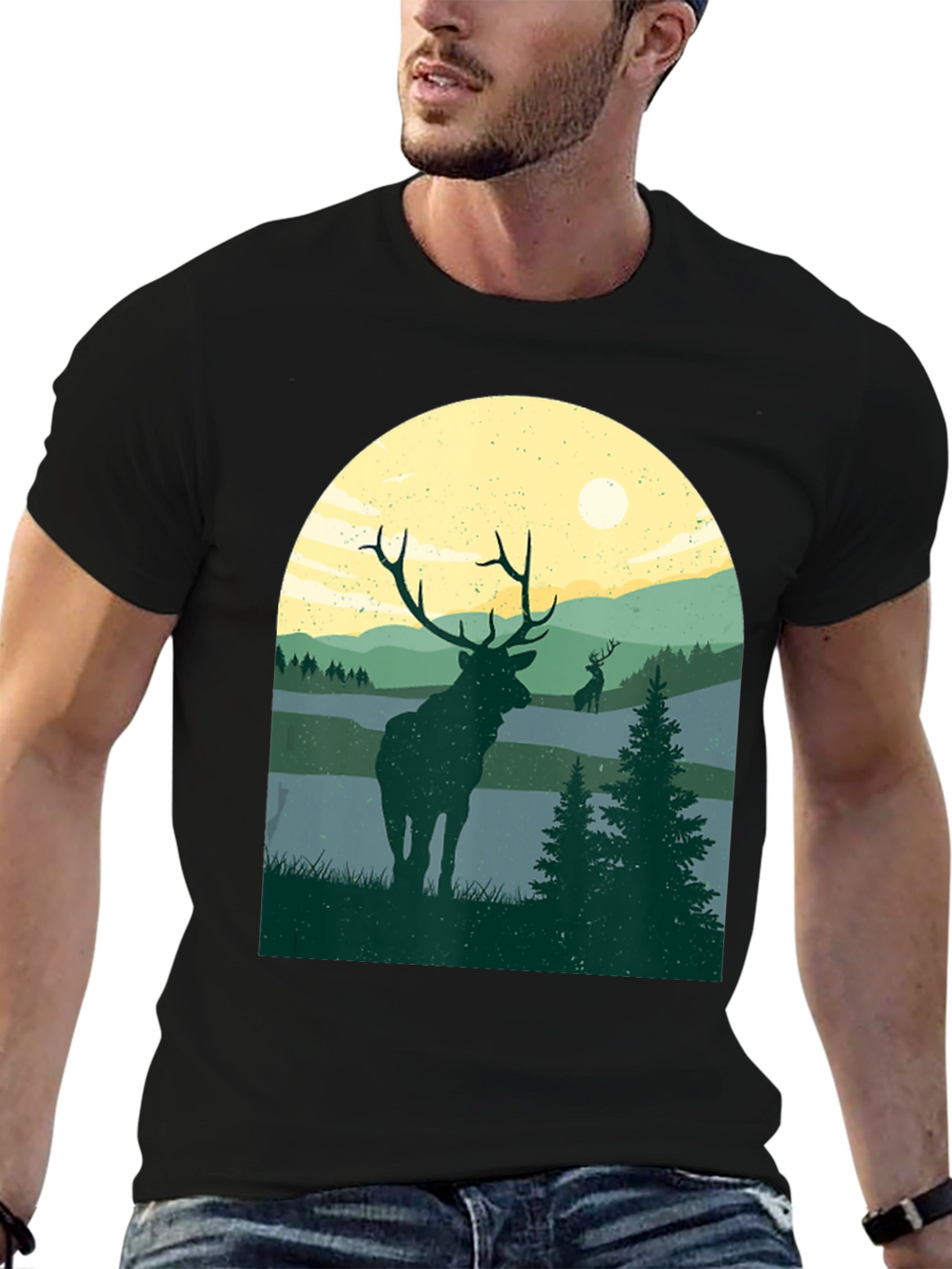 Nature Deer Graphic T-Shirt - Black
