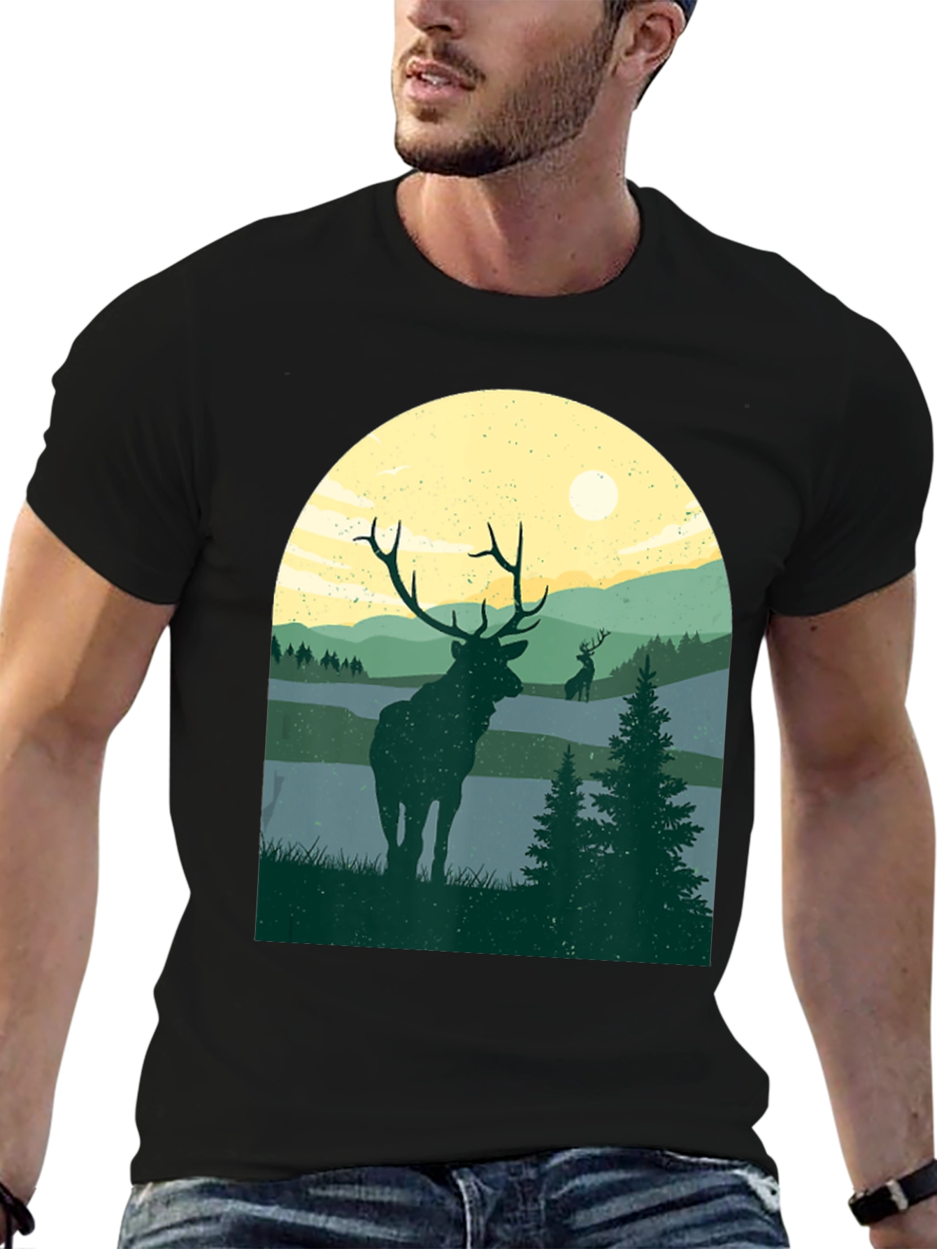 Nature Deer Graphic T-Shirt - Black