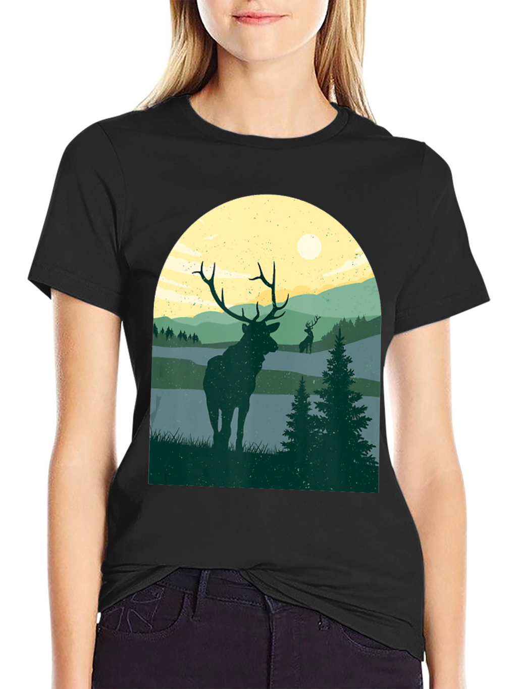 Nature Deer Graphic T-Shirt - Black