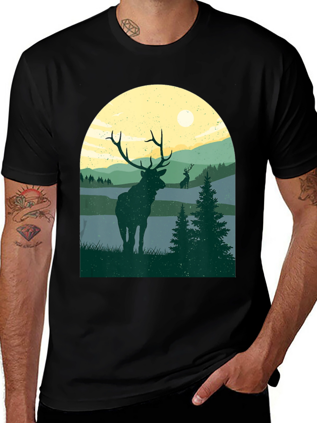 Nature Deer Graphic T-Shirt - Black