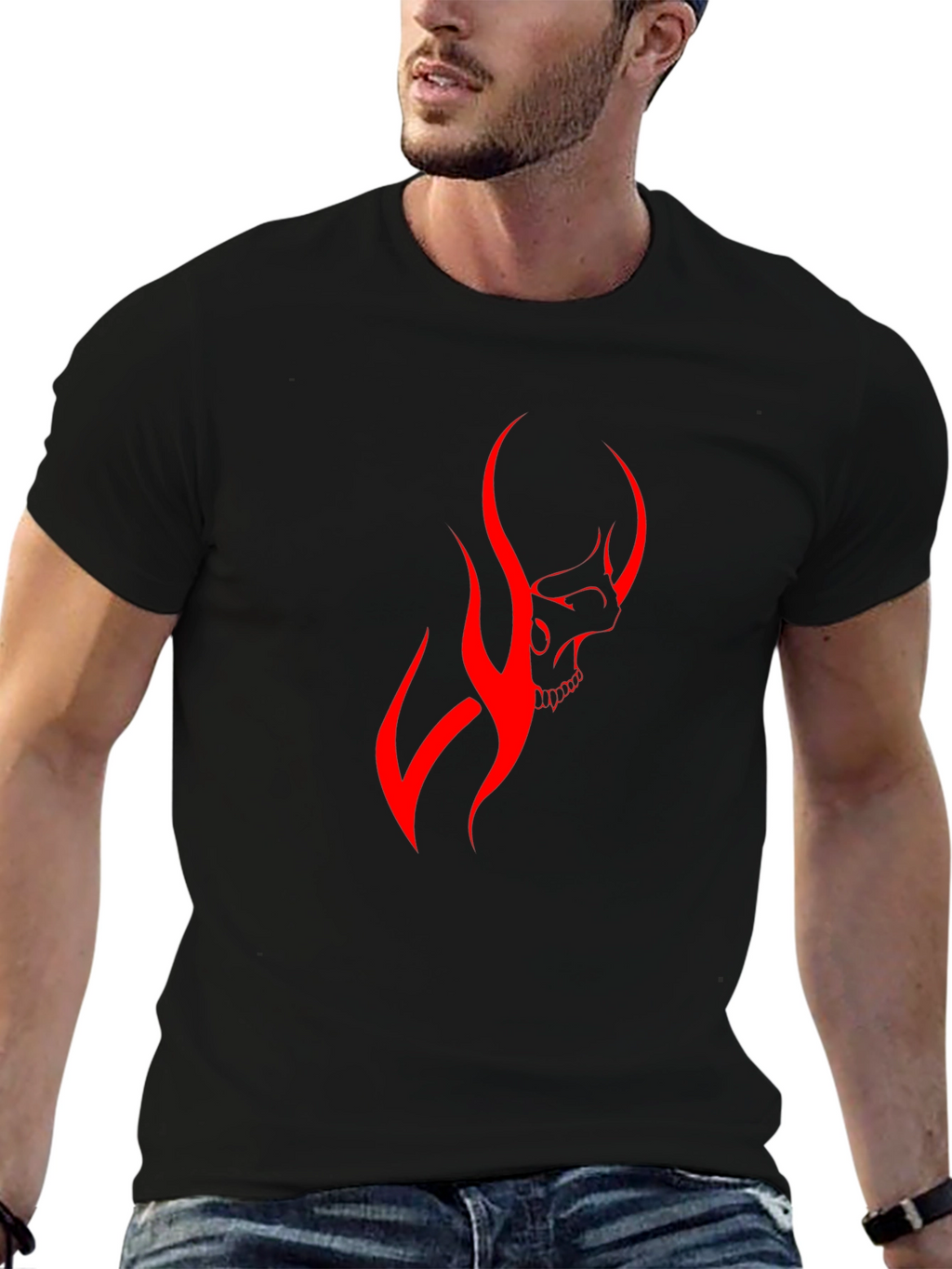 Mens Black T-Shirt with Red Skull Graphic
