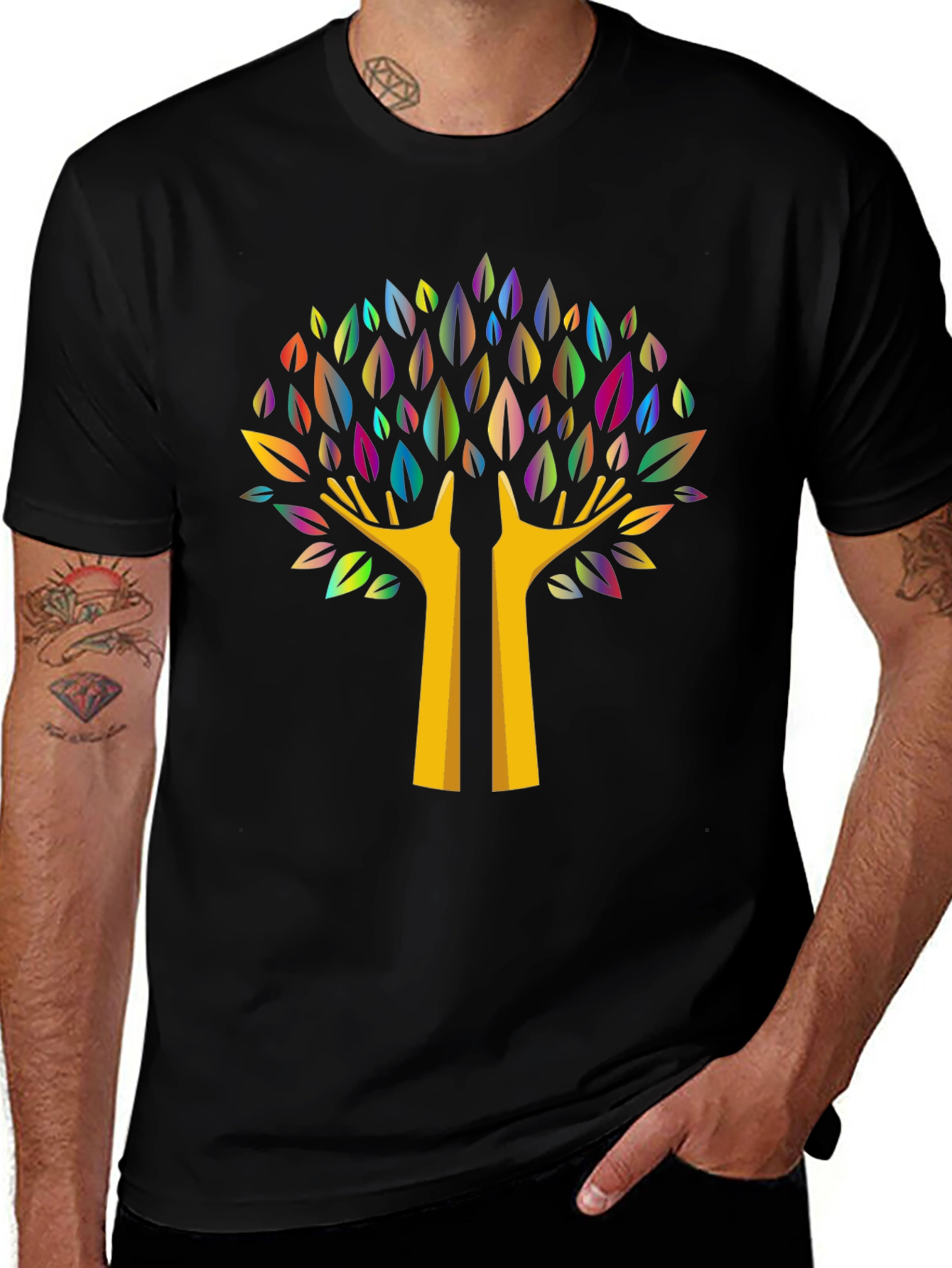 Colorful Tree Graphic Black T-Shirt