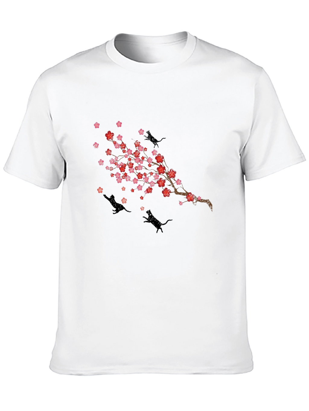 Cherry Blossom Cats T-Shirt - Black Crew Neck