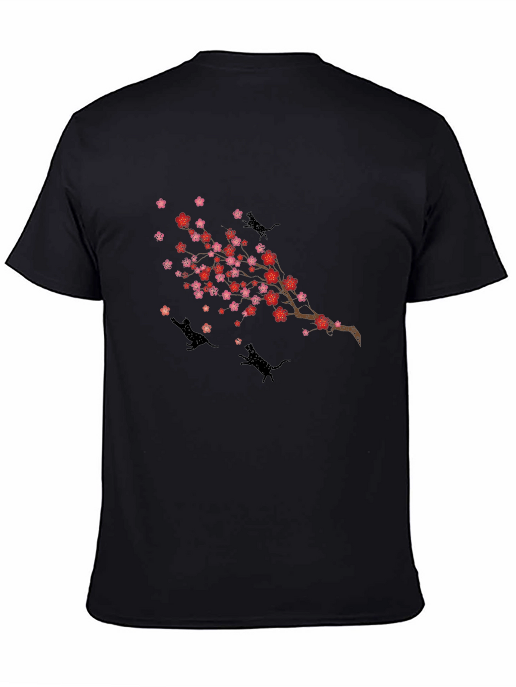 Cherry Blossom Cats T-Shirt - Black Crew Neck