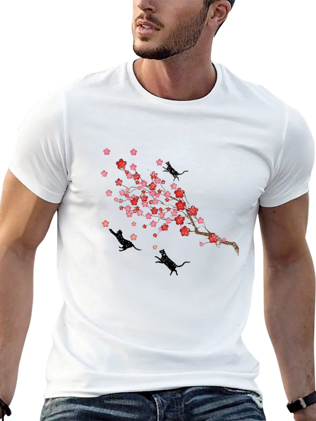 Cherry Blossom Cats T-Shirt - Black Crew Neck