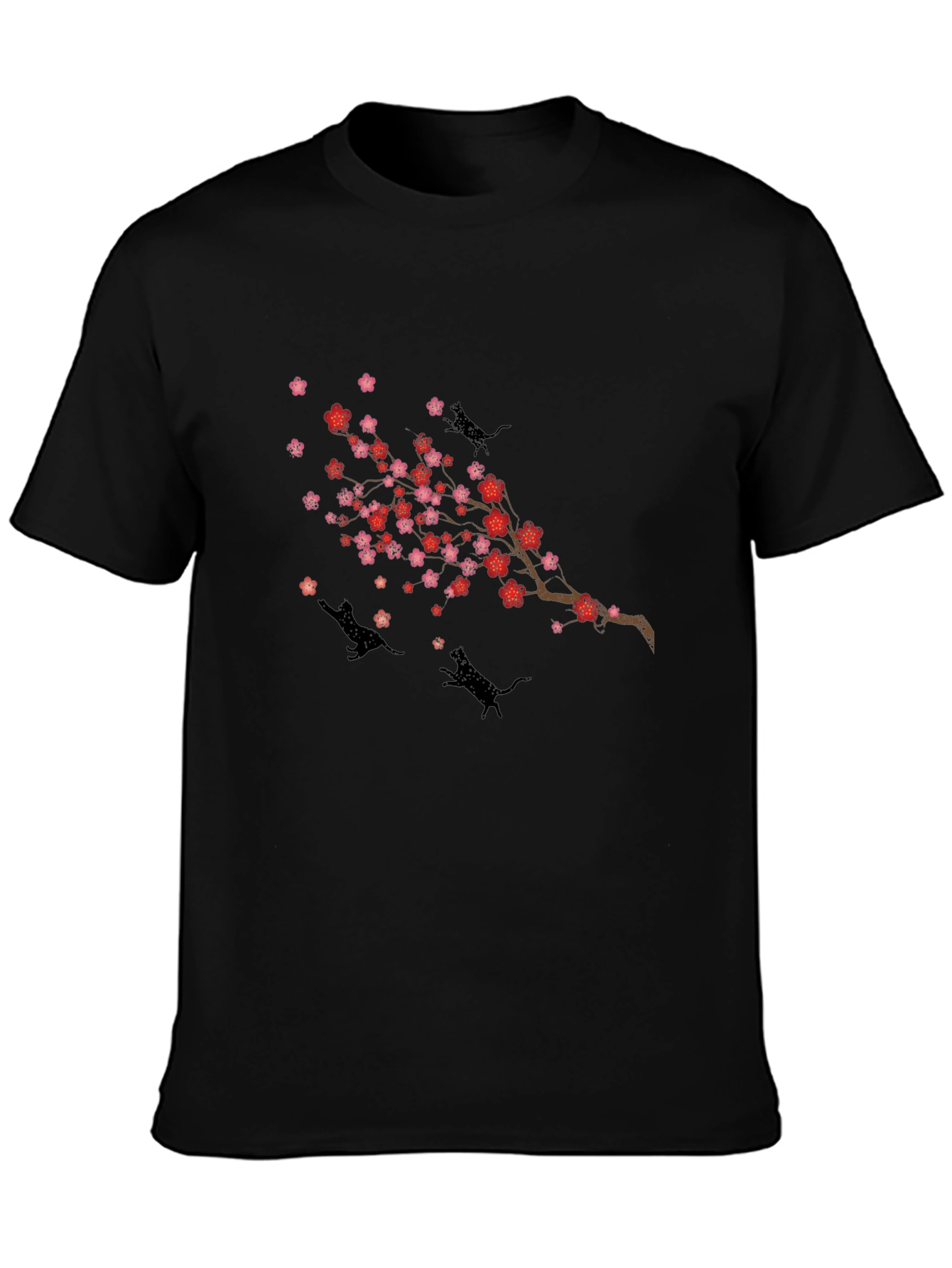 Cherry Blossom Cats T-Shirt - Black Crew Neck
