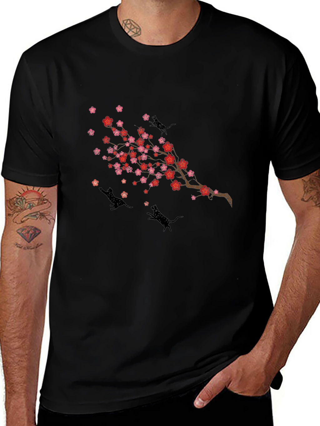 Cherry Blossom Cats T-Shirt - Black Crew Neck