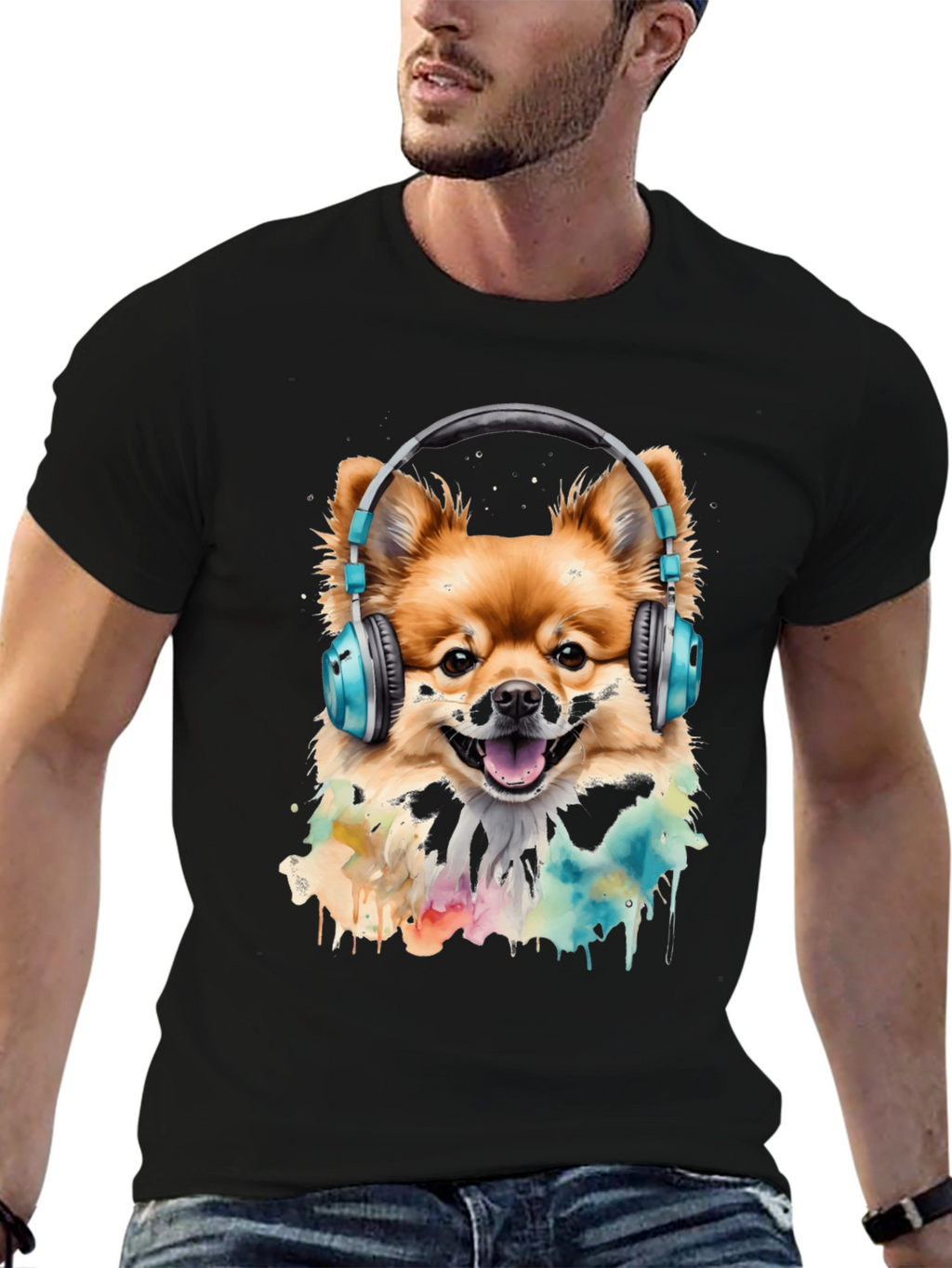 Dog with Headphones T-Shirt - Stylish Black Tee