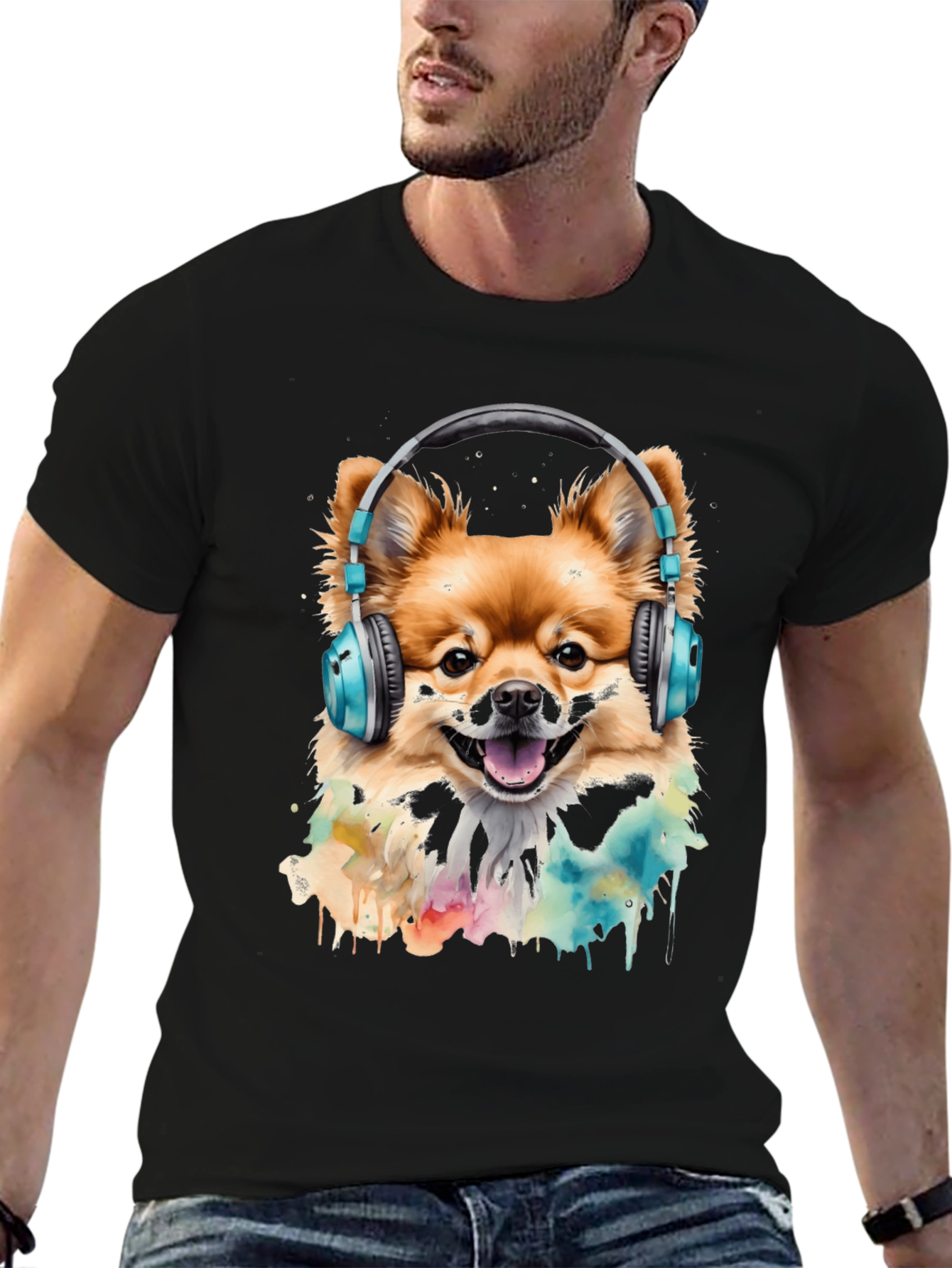 Dog with Headphones T-Shirt - Stylish Black Tee