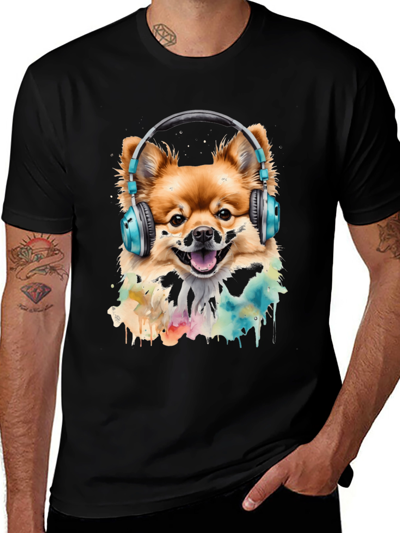 Dog with Headphones T-Shirt - Stylish Black Tee