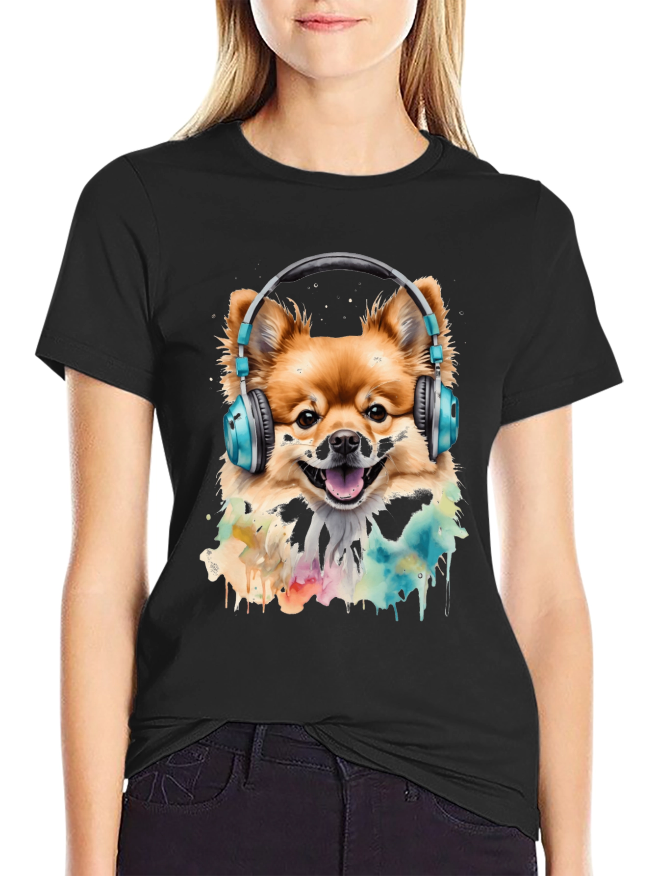 Dog with Headphones T-Shirt - Stylish Black Tee