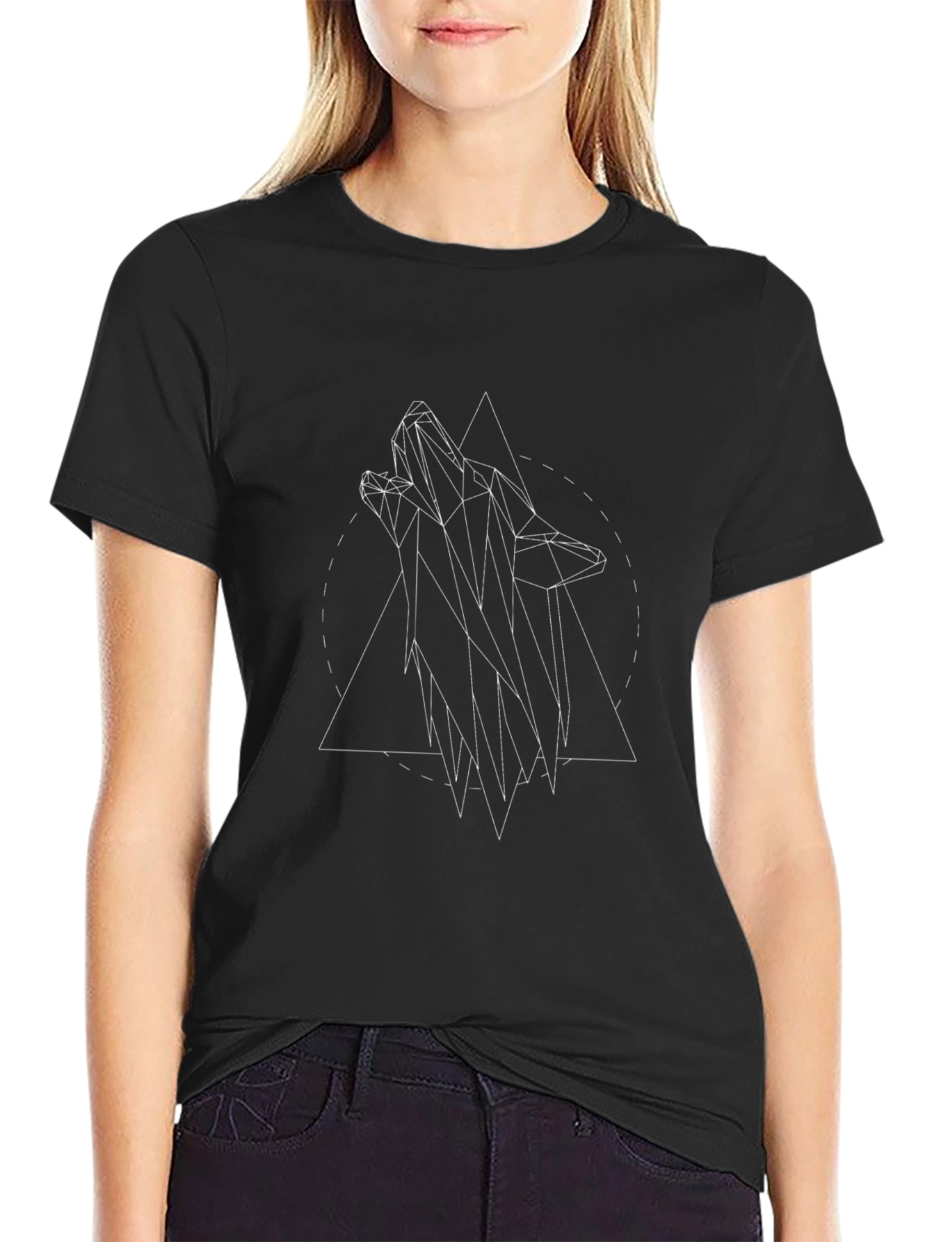 Geometric Wolf Graphic Black T-Shirt