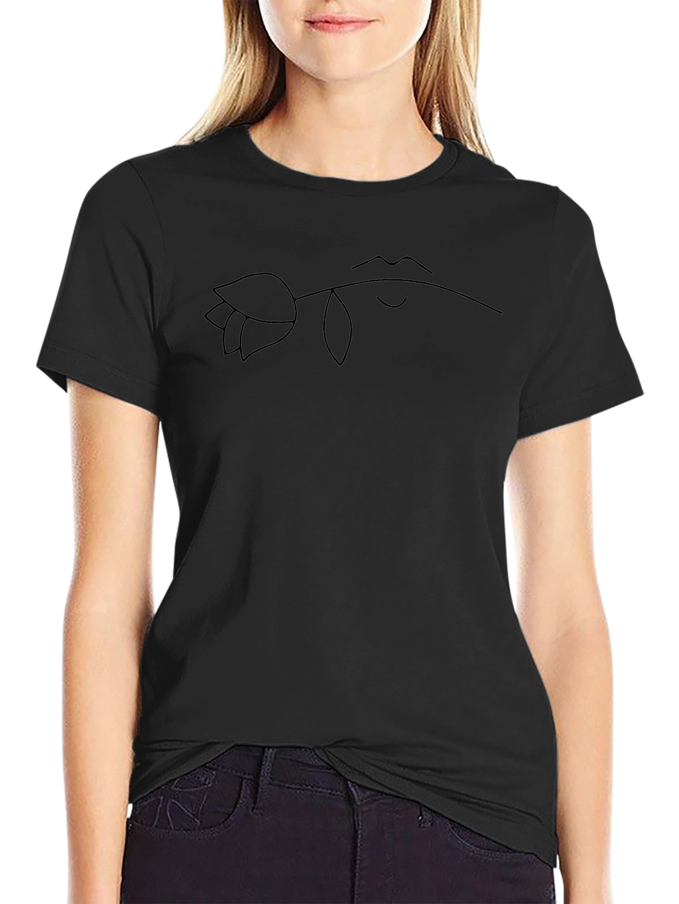 Minimalist Rose & Lips Graphic Tee - Black Cotton Comfort