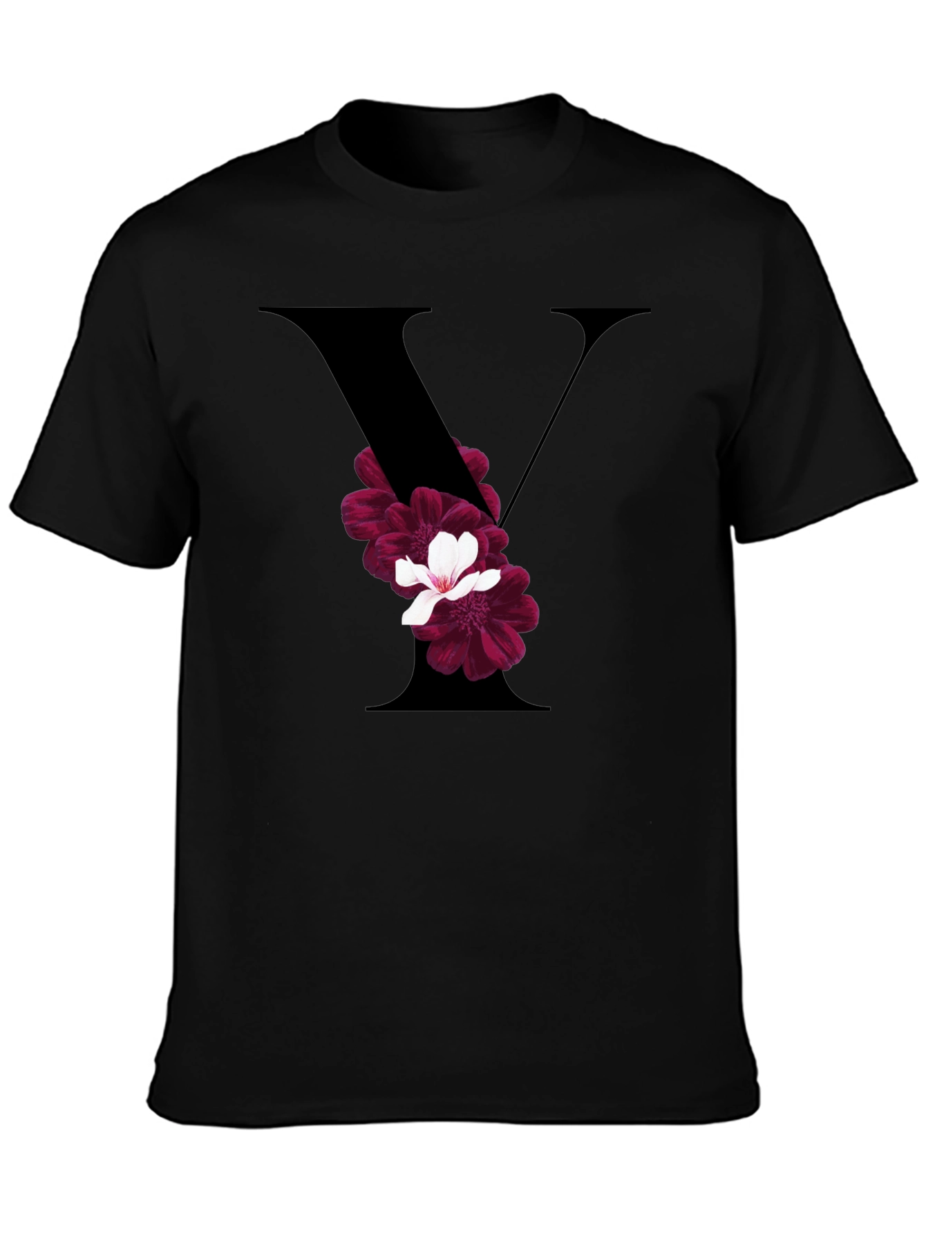 Floral Letter V Black T-Shirt