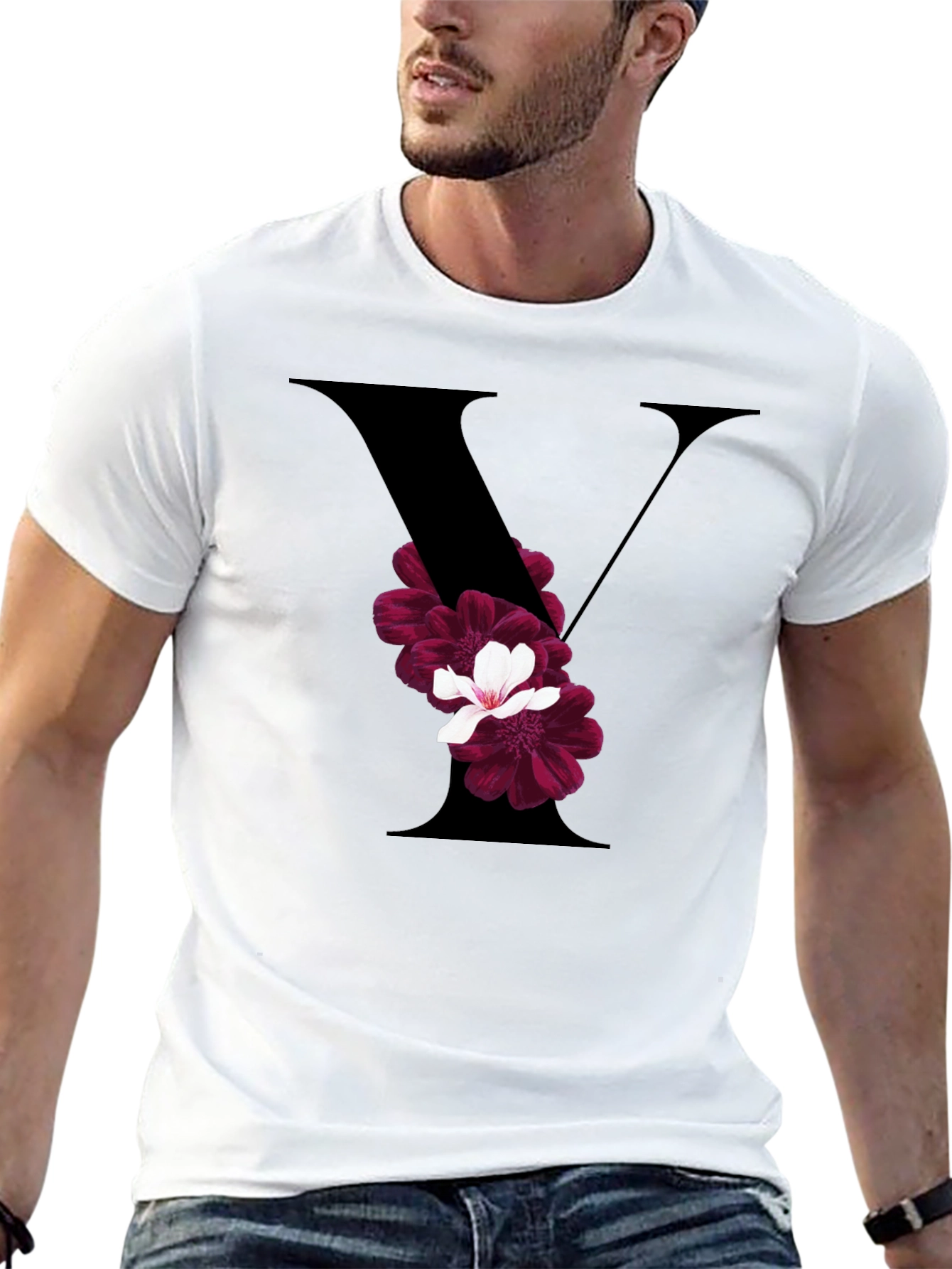 Floral Letter V Black T-Shirt