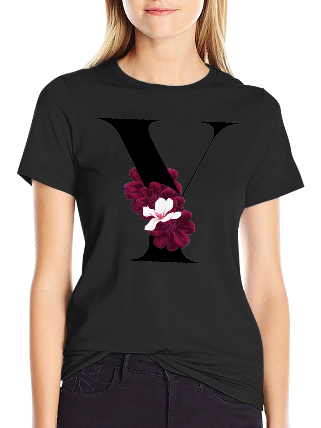 Floral Letter V Black T-Shirt