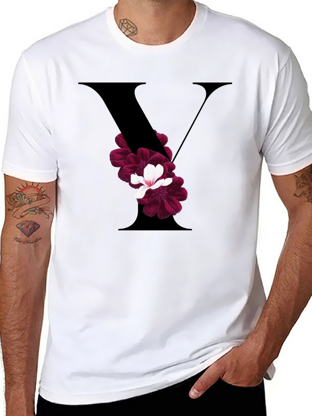 Floral Letter V Black T-Shirt