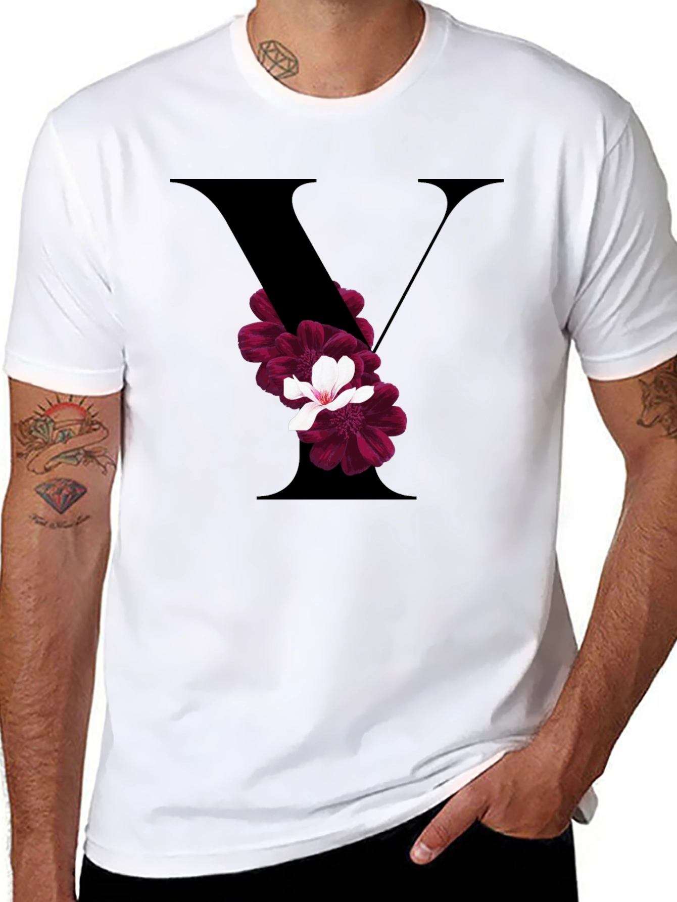 Floral Letter V Black T-Shirt