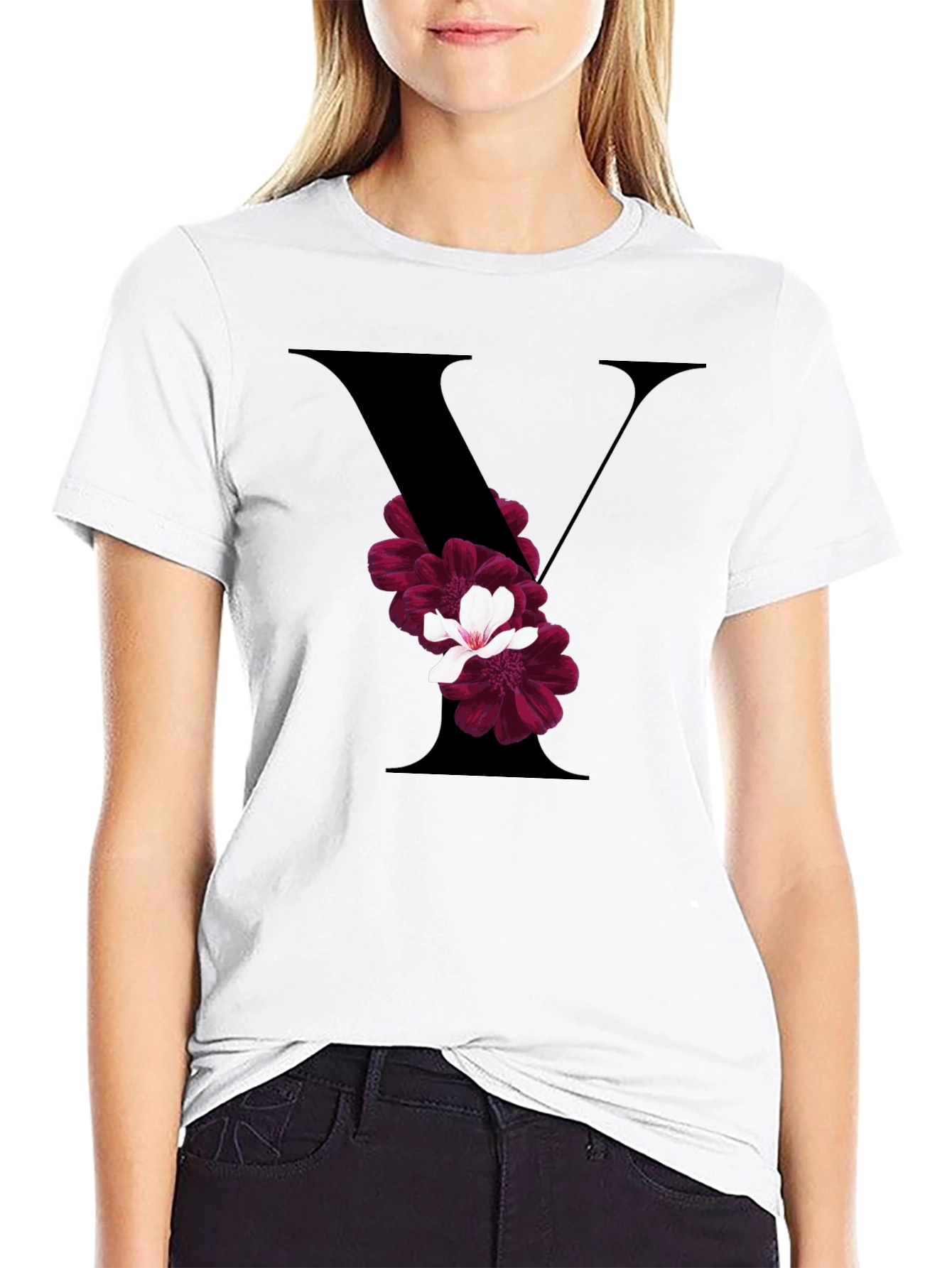 Floral Letter V Black T-Shirt