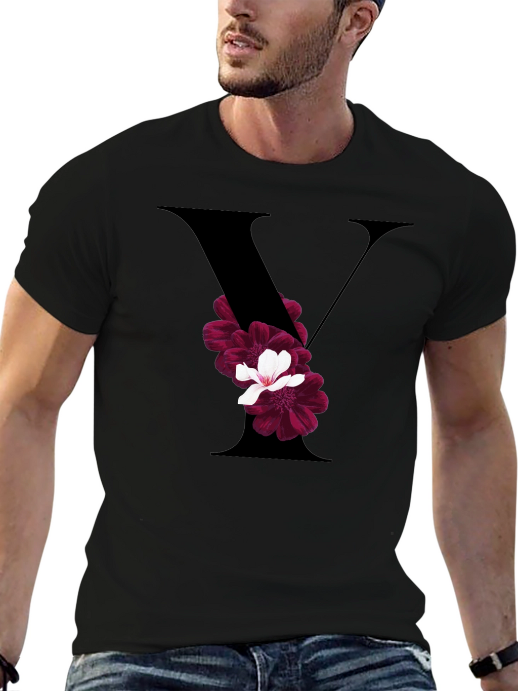 Floral Letter V Black T-Shirt