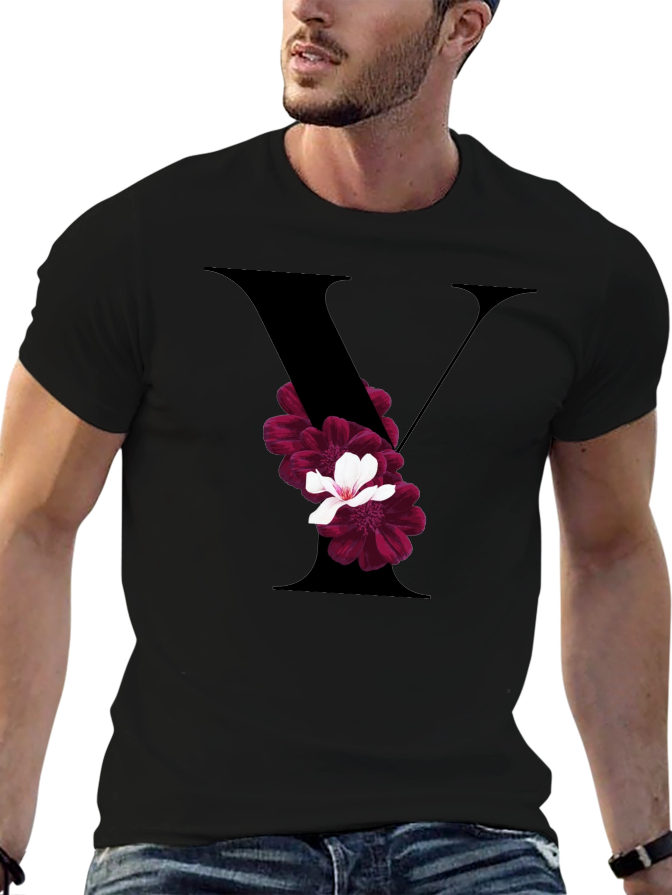 Floral Letter V Black T-Shirt