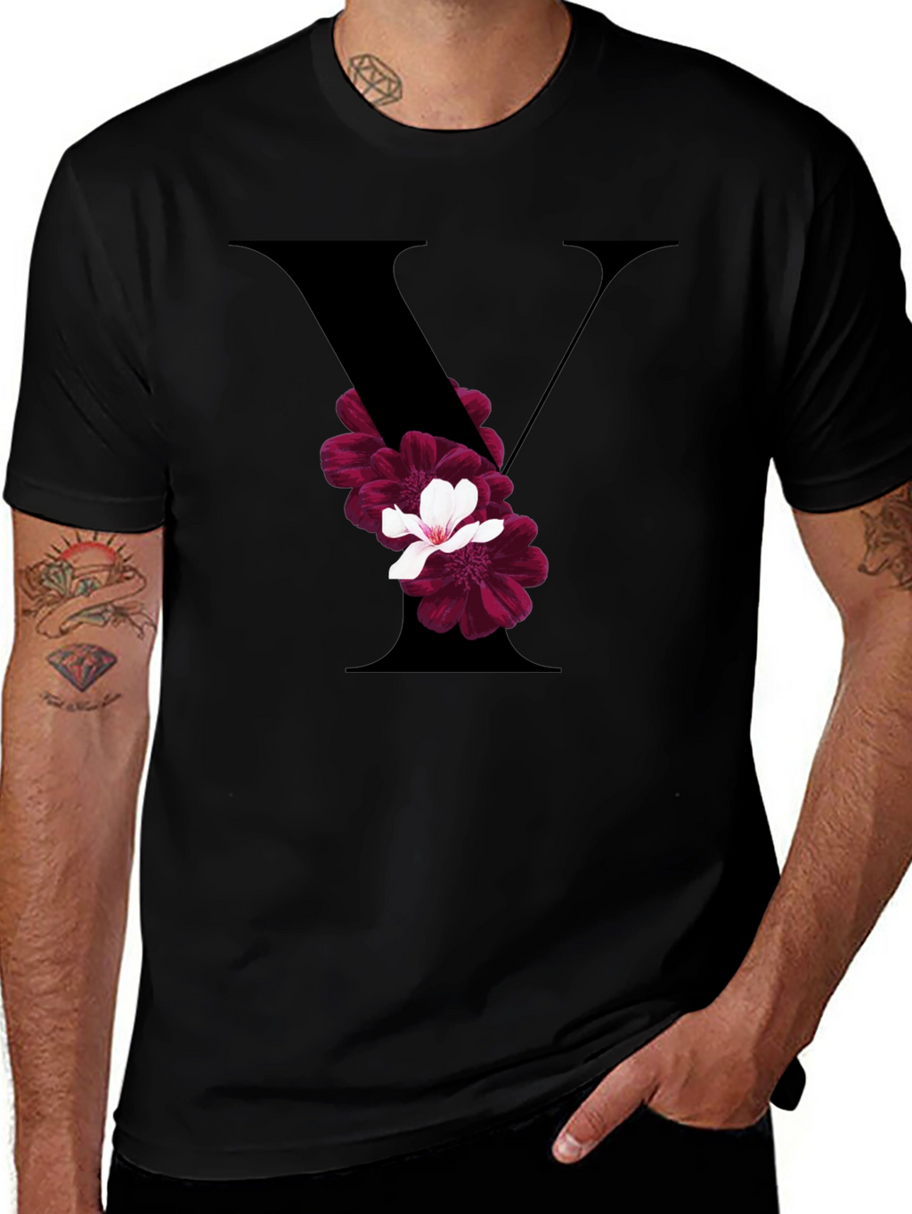 Floral Letter V Black T-Shirt