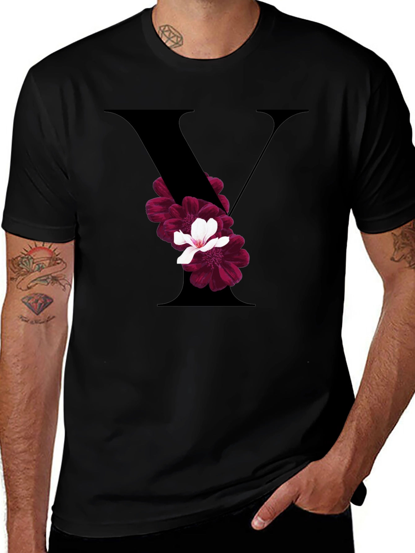 Floral Letter V Black T-Shirt