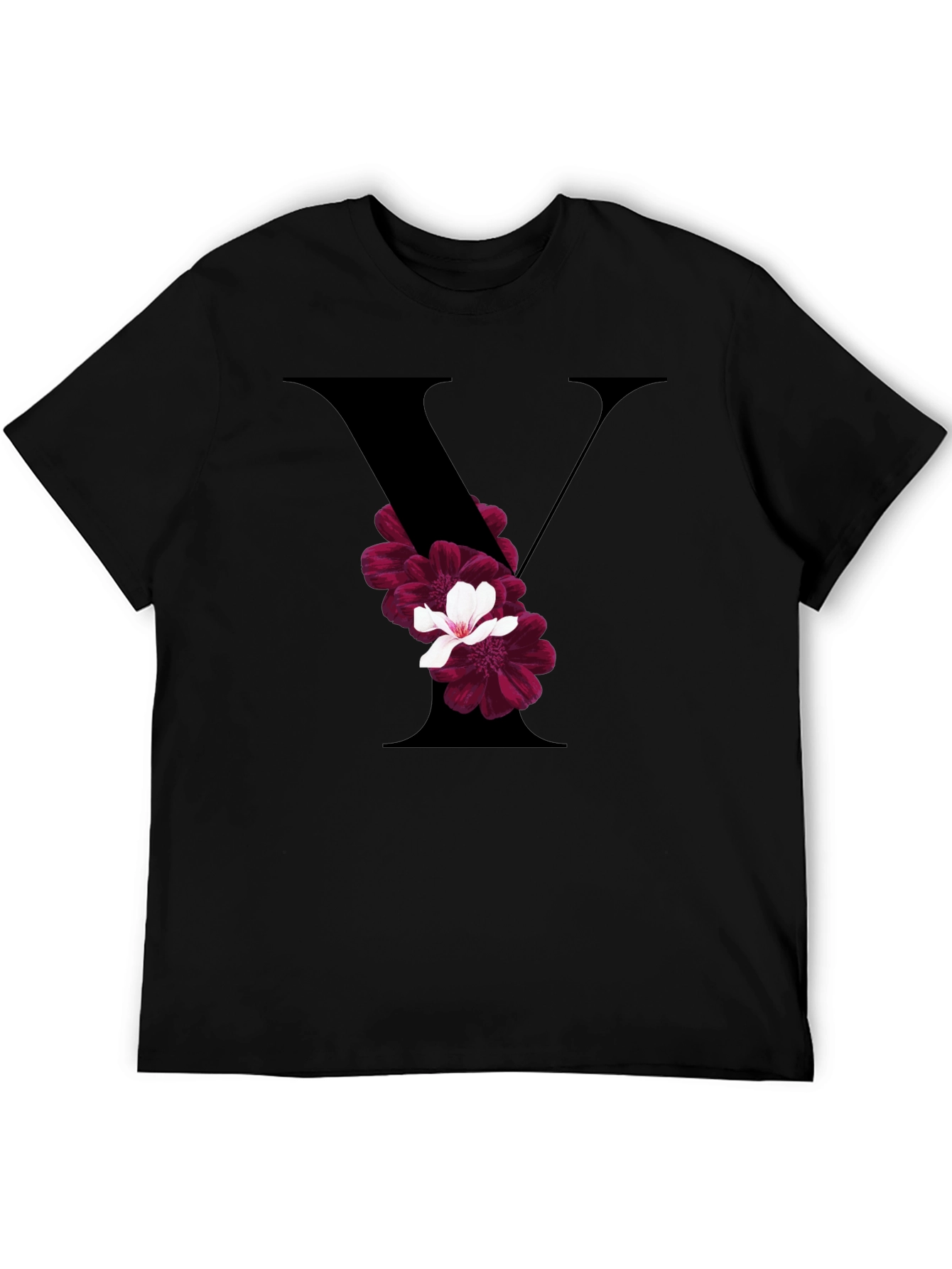 Floral Letter V Black T-Shirt