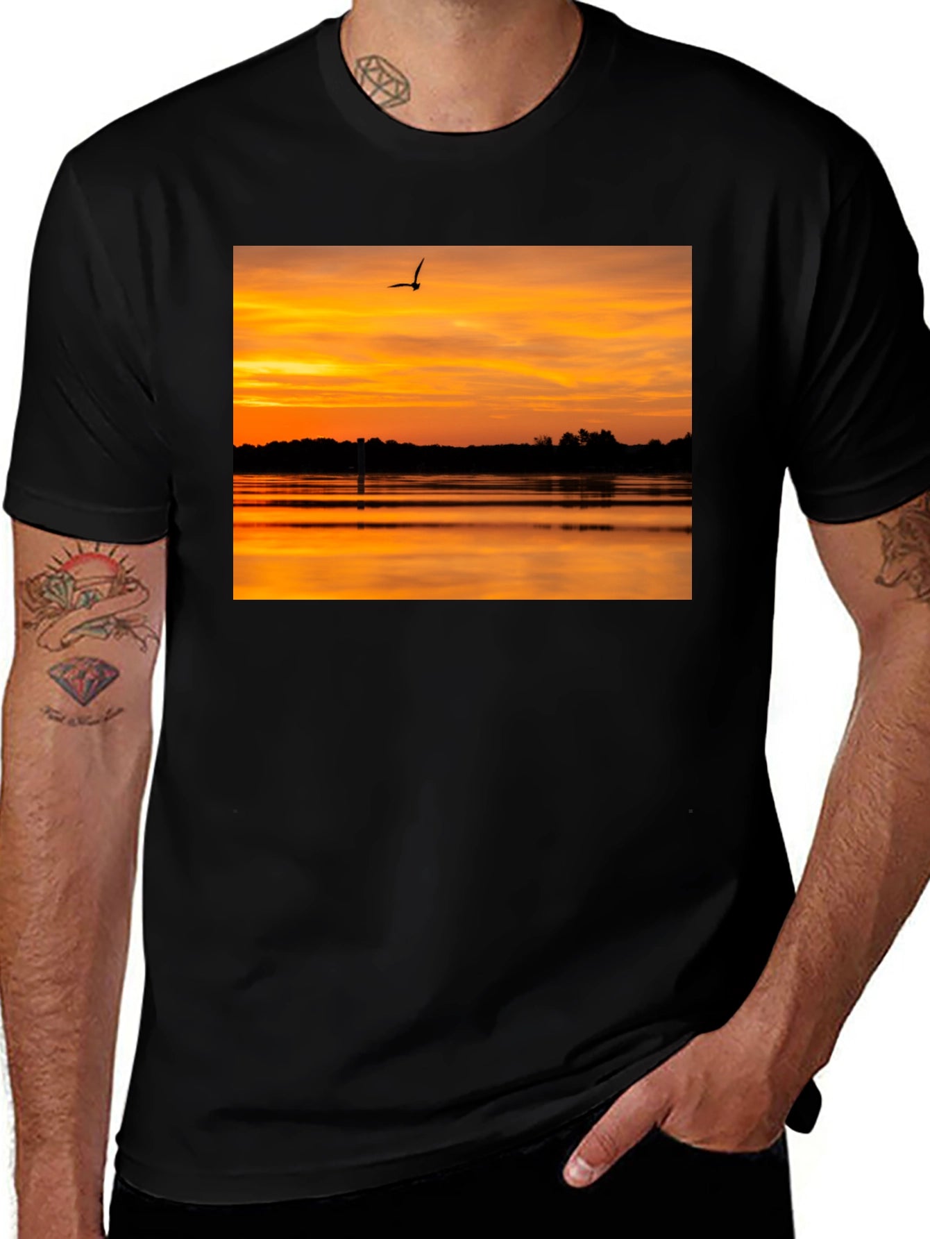 Sunset Lake Bird Black T-Shirt