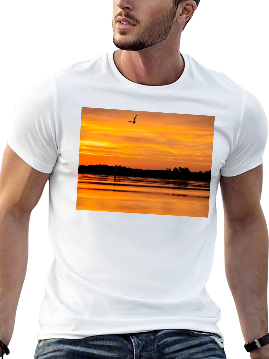 Sunset Lake Bird Black T-Shirt