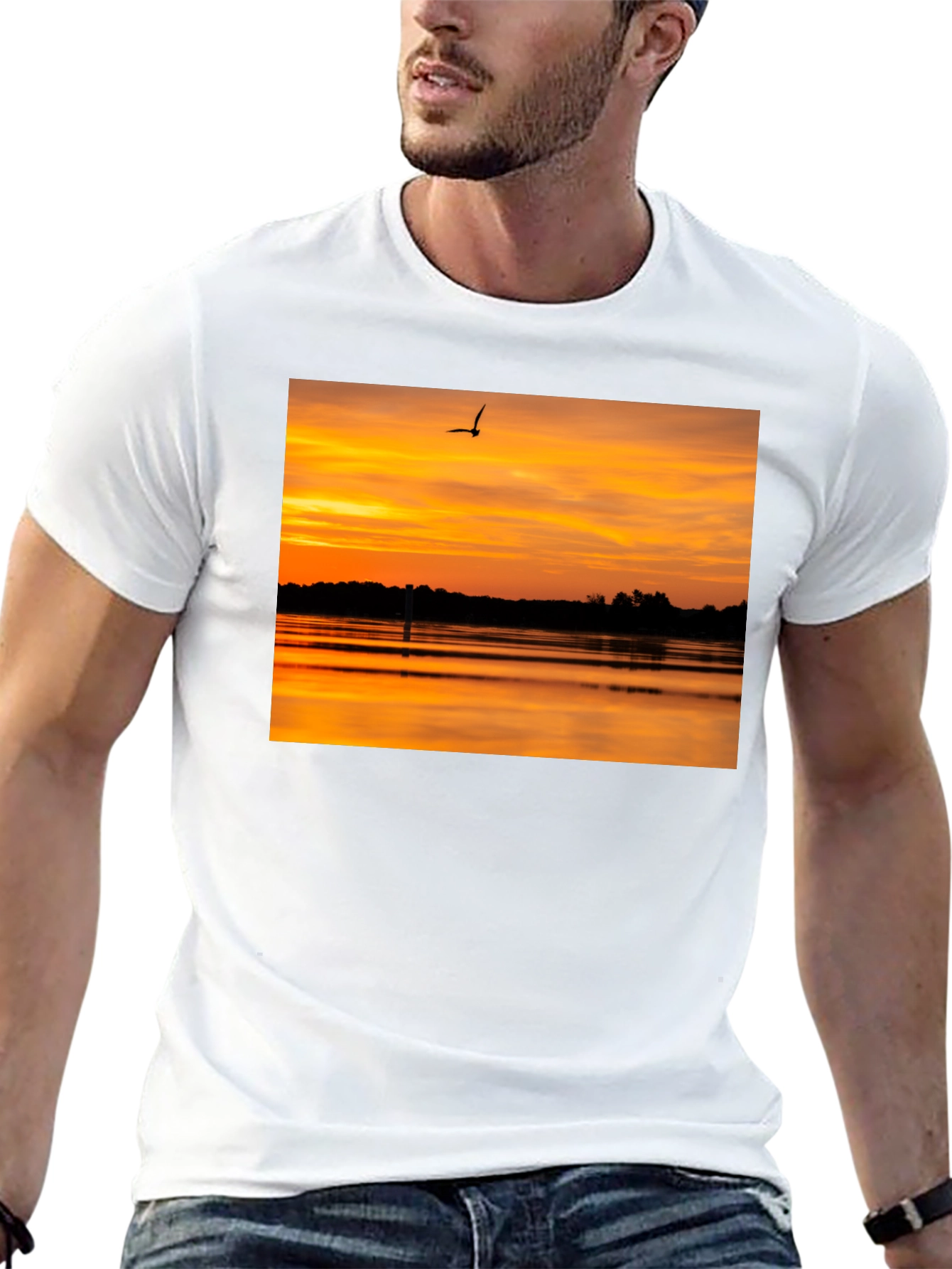 Sunset Lake Bird Black T-Shirt