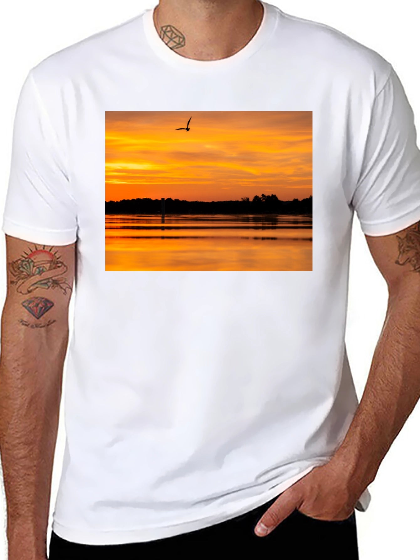 Sunset Lake Bird Black T-Shirt